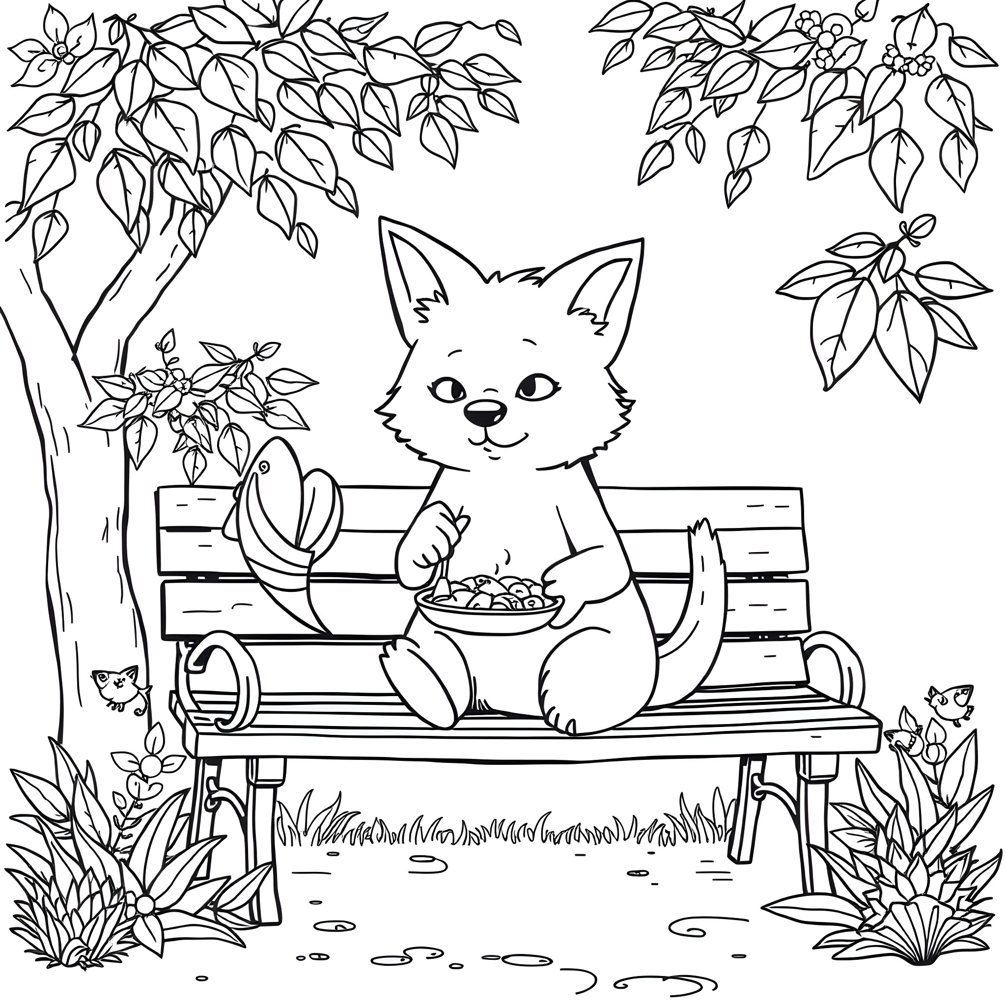 Dog sitting on a bench in the park Coloring Page (free black-and-white line drawing printable PDF for all, from beginners to advanced learners, including children, teens, adults, and seniors)