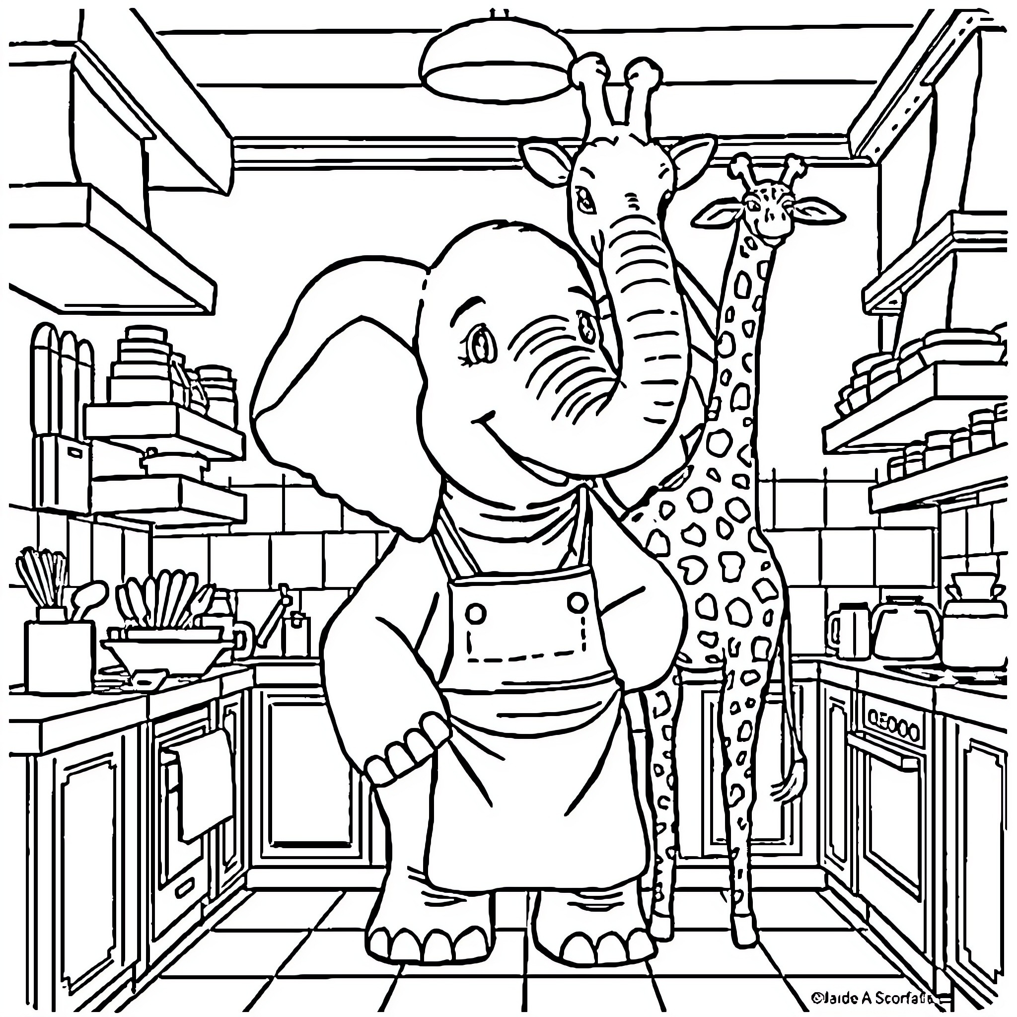 Elephant and Giraffe in Cozy Kitchen Coloring Page (free black-and-white line drawing printable PDF for all, from beginners to advanced learners, including children, teens, adults, and seniors)
