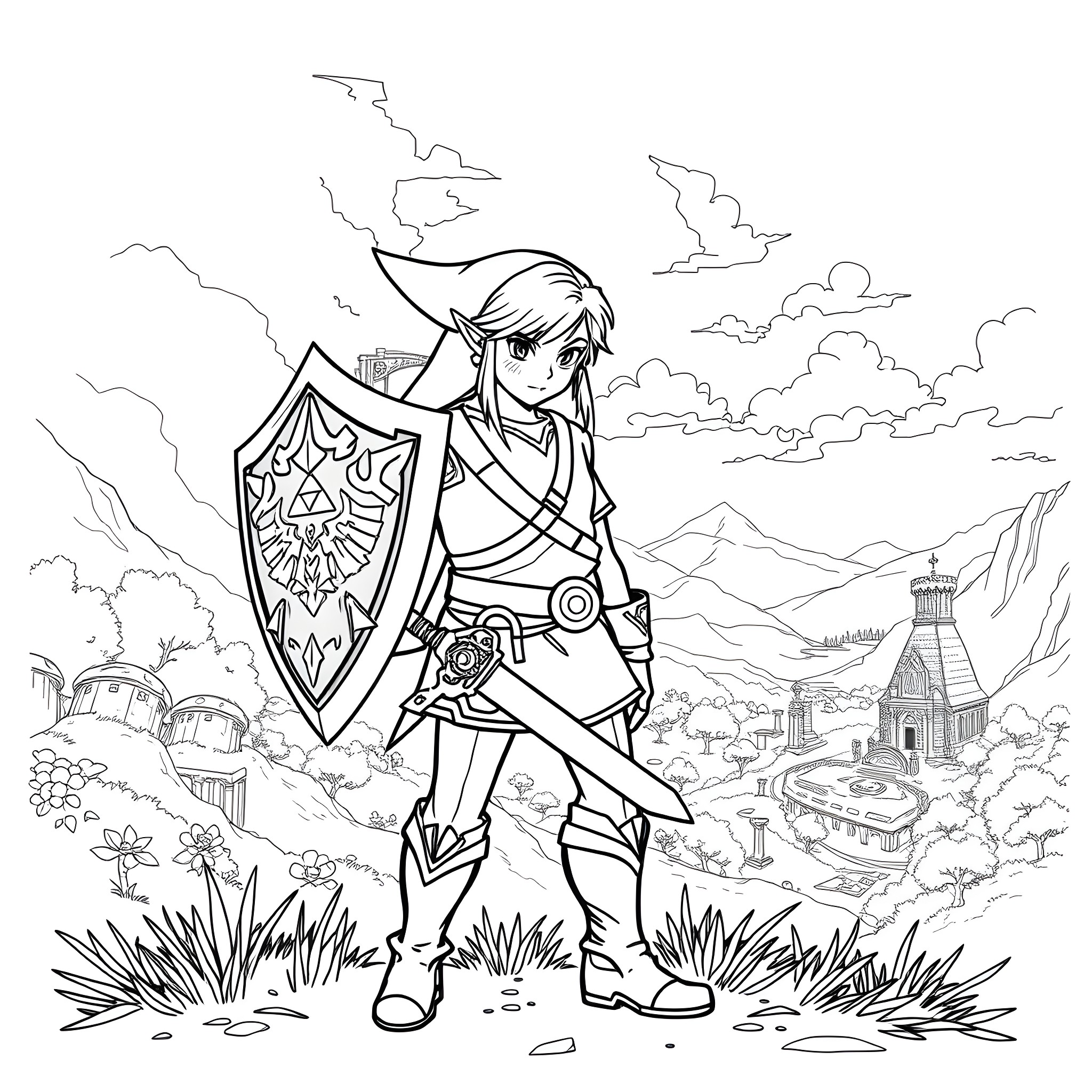 Link's Courageous Adventure in the Fantastical Realm Coloring Page (free black-and-white line drawing printable PDF for all, from beginners to advanced learners, including children, teens, adults, and seniors)