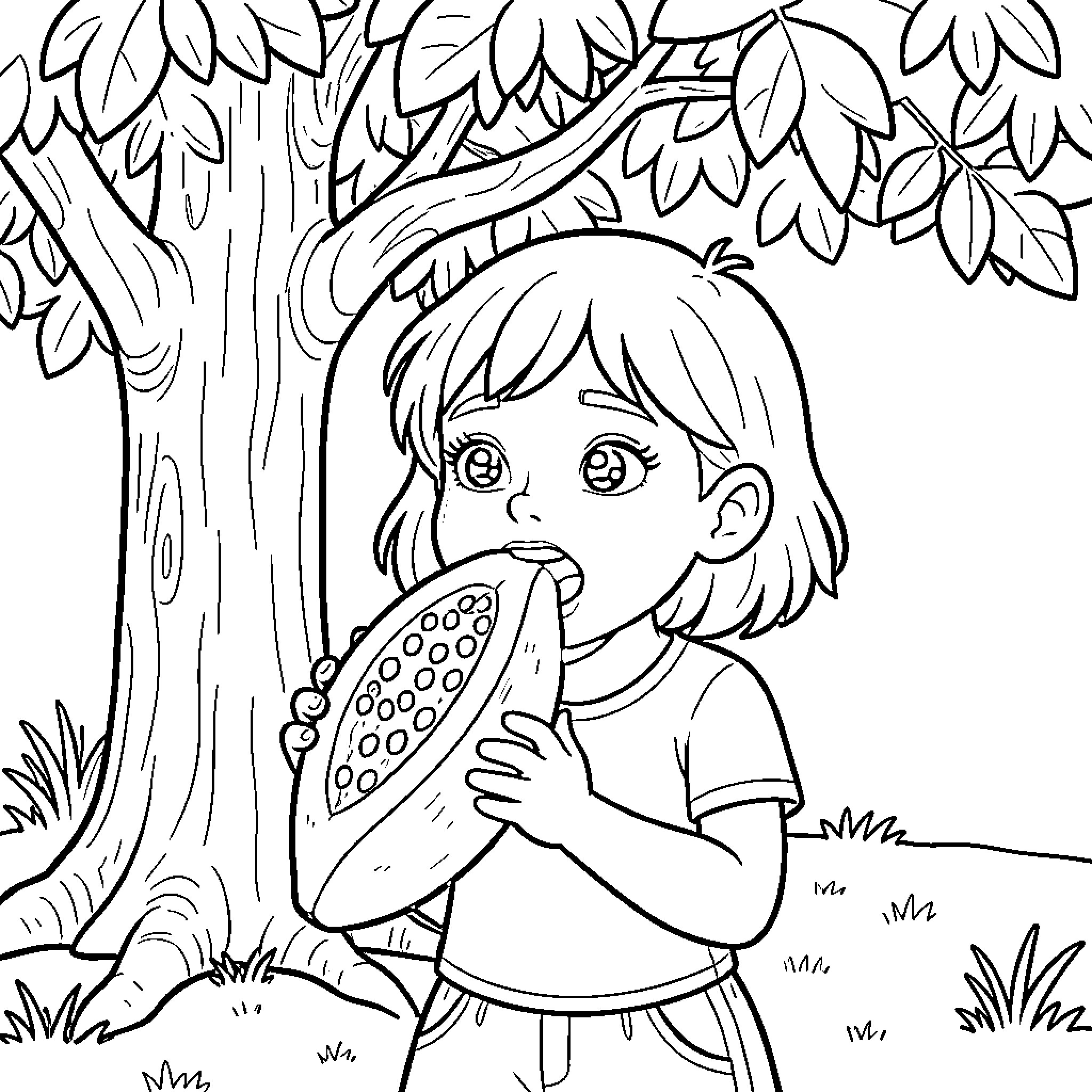 Fille enjoying nature with a flower Coloring Page (free black-and-white line drawing printable PDF for all, from beginners to advanced learners, including children, teens, adults, and seniors)