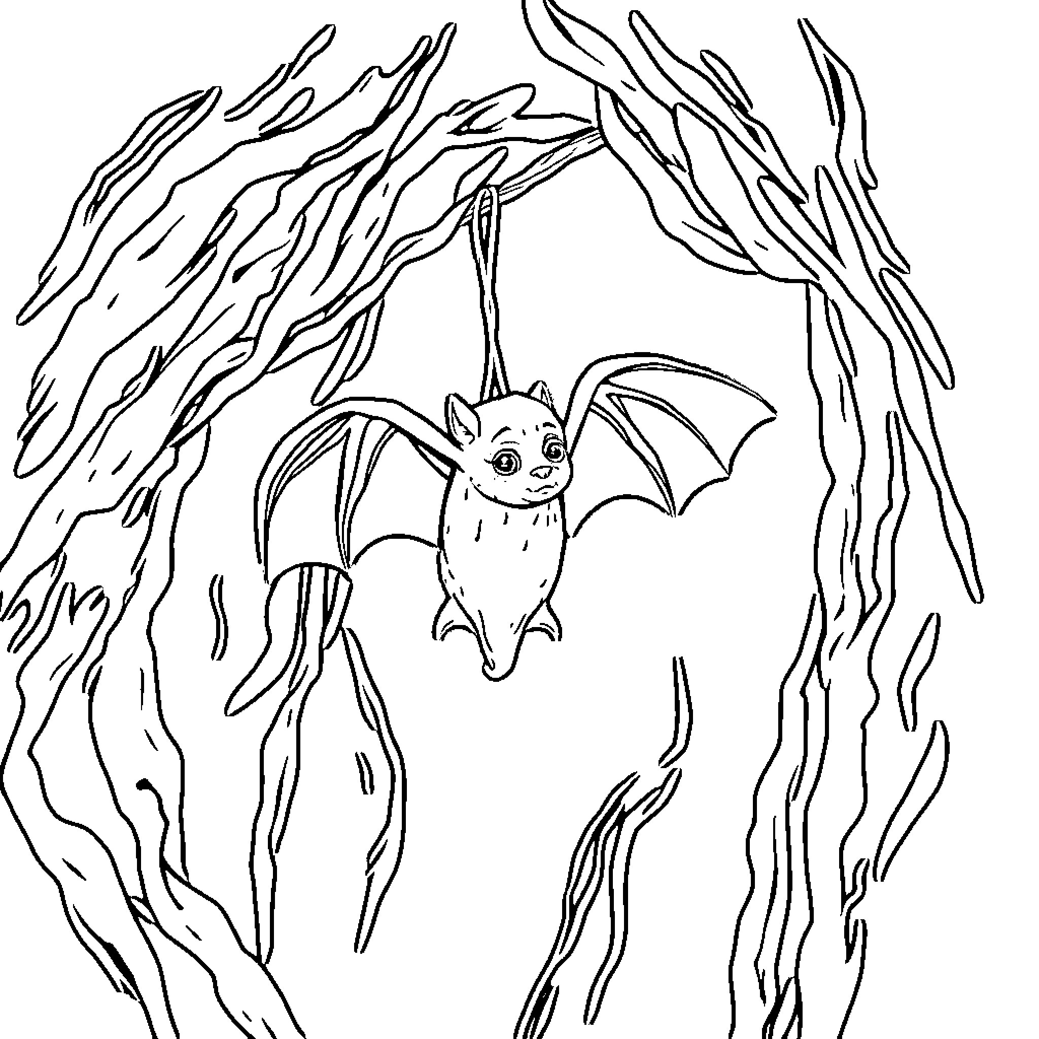 Bat hanging upside down in a spooky forest Coloring Page (free black-and-white line drawing printable PDF for all, from beginners to advanced learners, including children, teens, adults, and seniors)