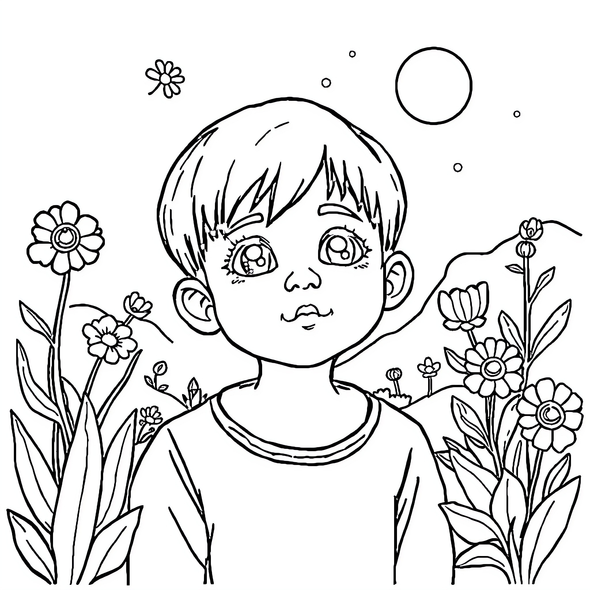 Teen boy enjoying floral scenery Coloring Page (free black-and-white line drawing printable PDF for all, from beginners to advanced learners, including children, teens, adults, and seniors)