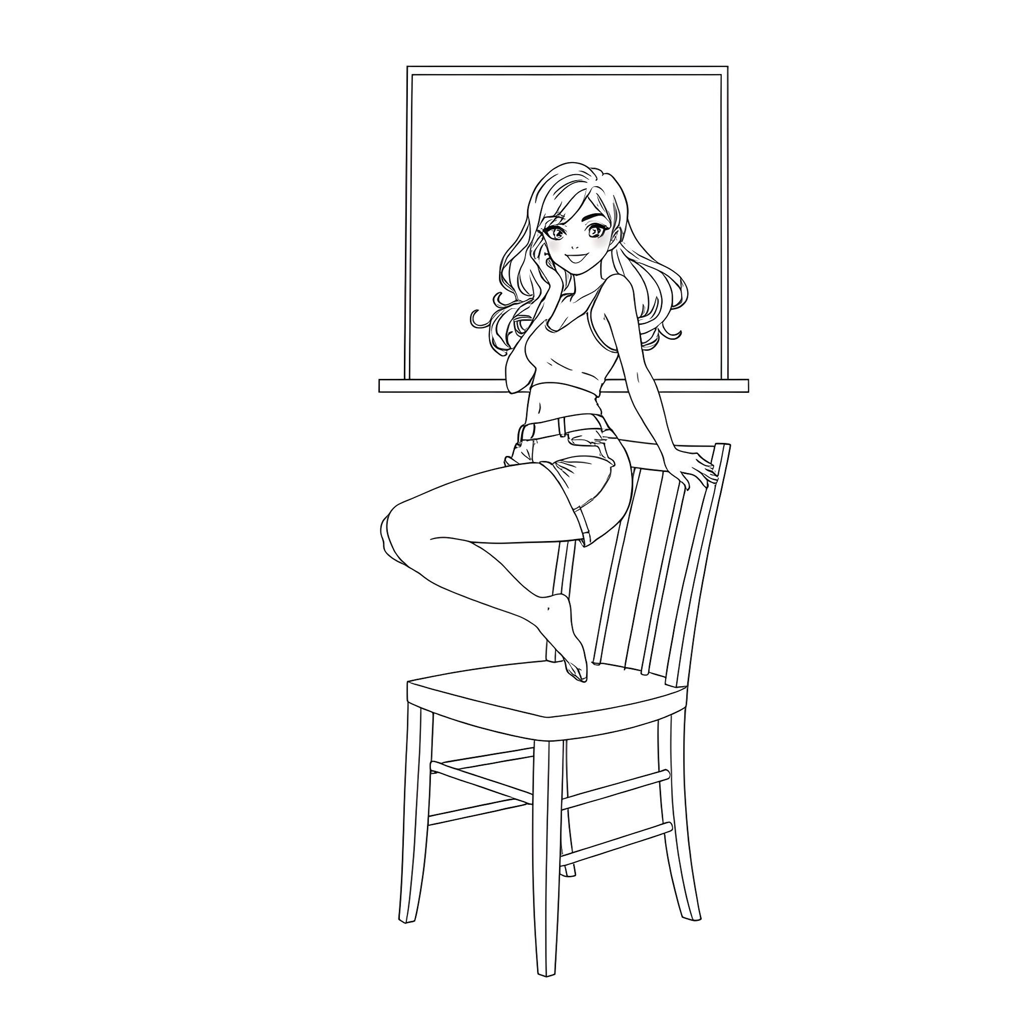 Girl in casual outfit sitting on chair Coloring Page (free black-and-white line drawing printable PDF for all, from beginners to advanced learners, including children, teens, adults, and seniors)