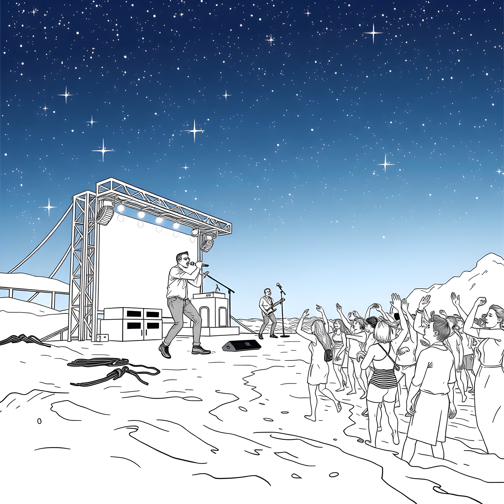 Twenty One Pilots performing on stage under the starry night sky Coloring Page (free black-and-white line drawing printable PDF for all, from beginners to advanced learners, including children, teens, adults, and seniors)