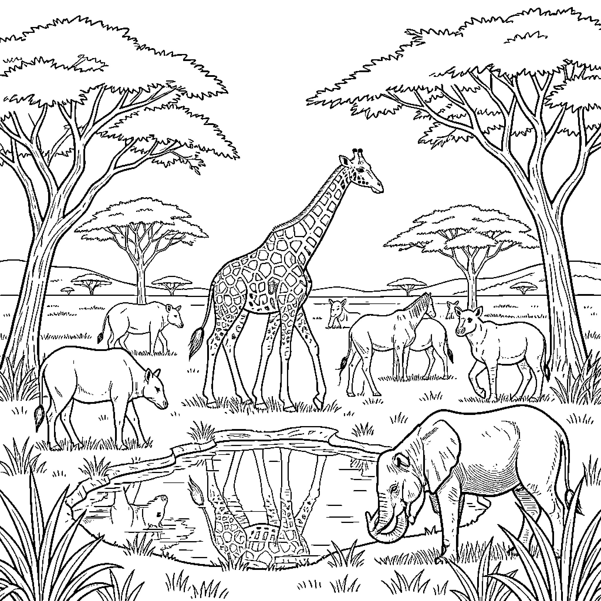 Giraffe and other animals in the African savanna Coloring Page (free black-and-white line drawing printable PDF for all, from beginners to advanced learners, including children, teens, adults, and seniors)