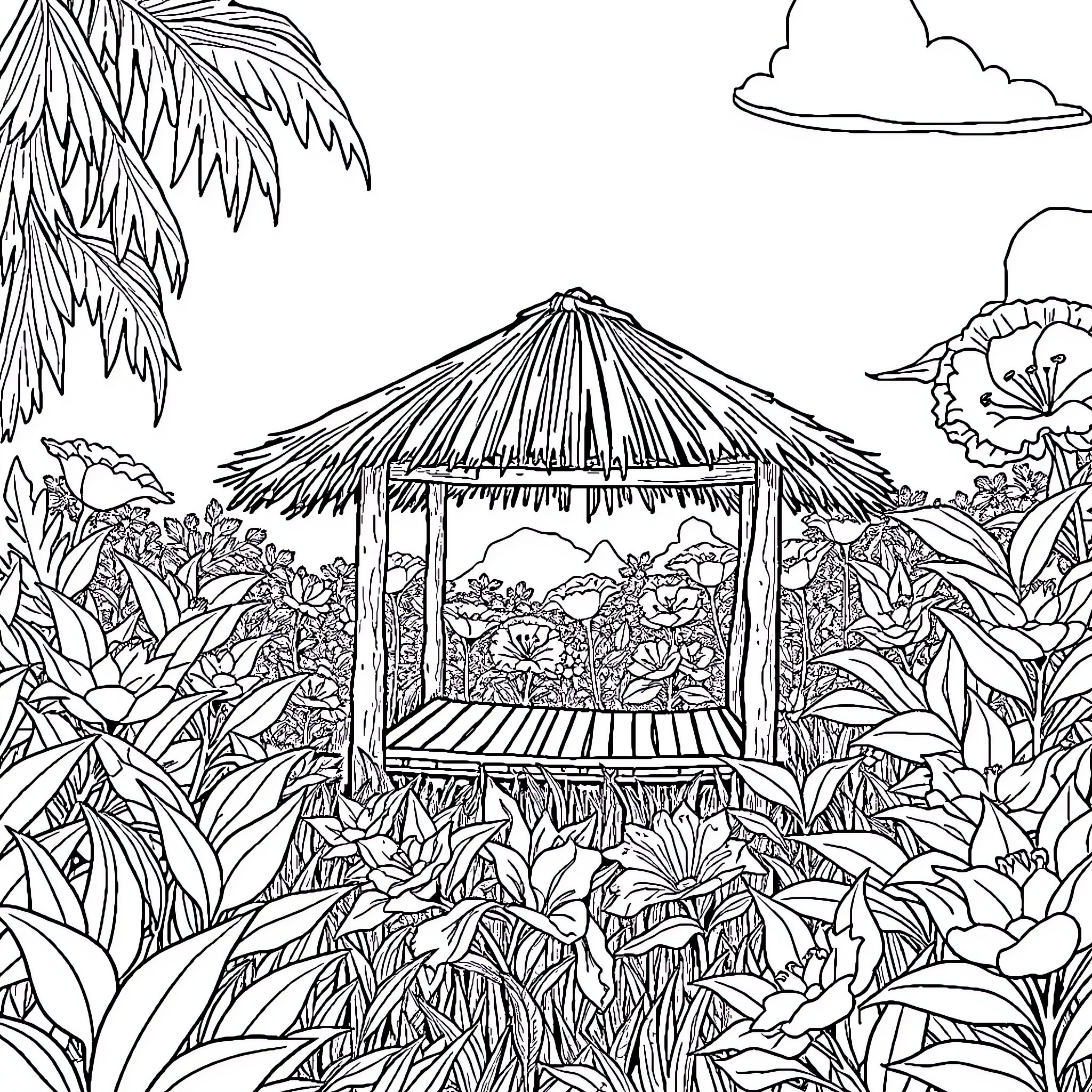 Cabana in a Lush Tropical Landscape Coloring Page (free black-and-white line drawing printable PDF for all, from beginners to advanced learners, including children, teens, adults, and seniors)