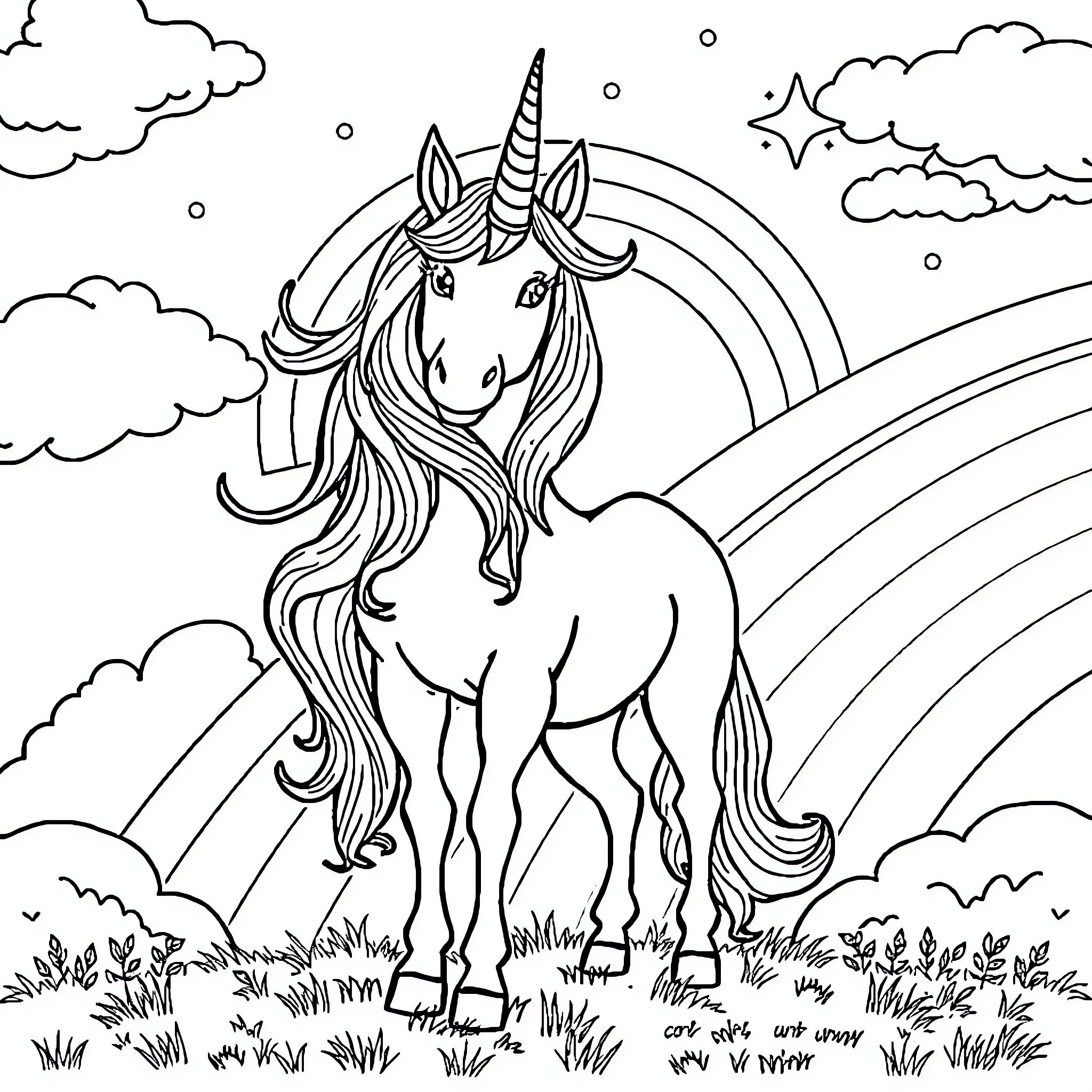 Unicorn standing in the magical meadow Coloring Page (free black-and-white line drawing printable PDF for all, from beginners to advanced learners, including children, teens, adults, and seniors)