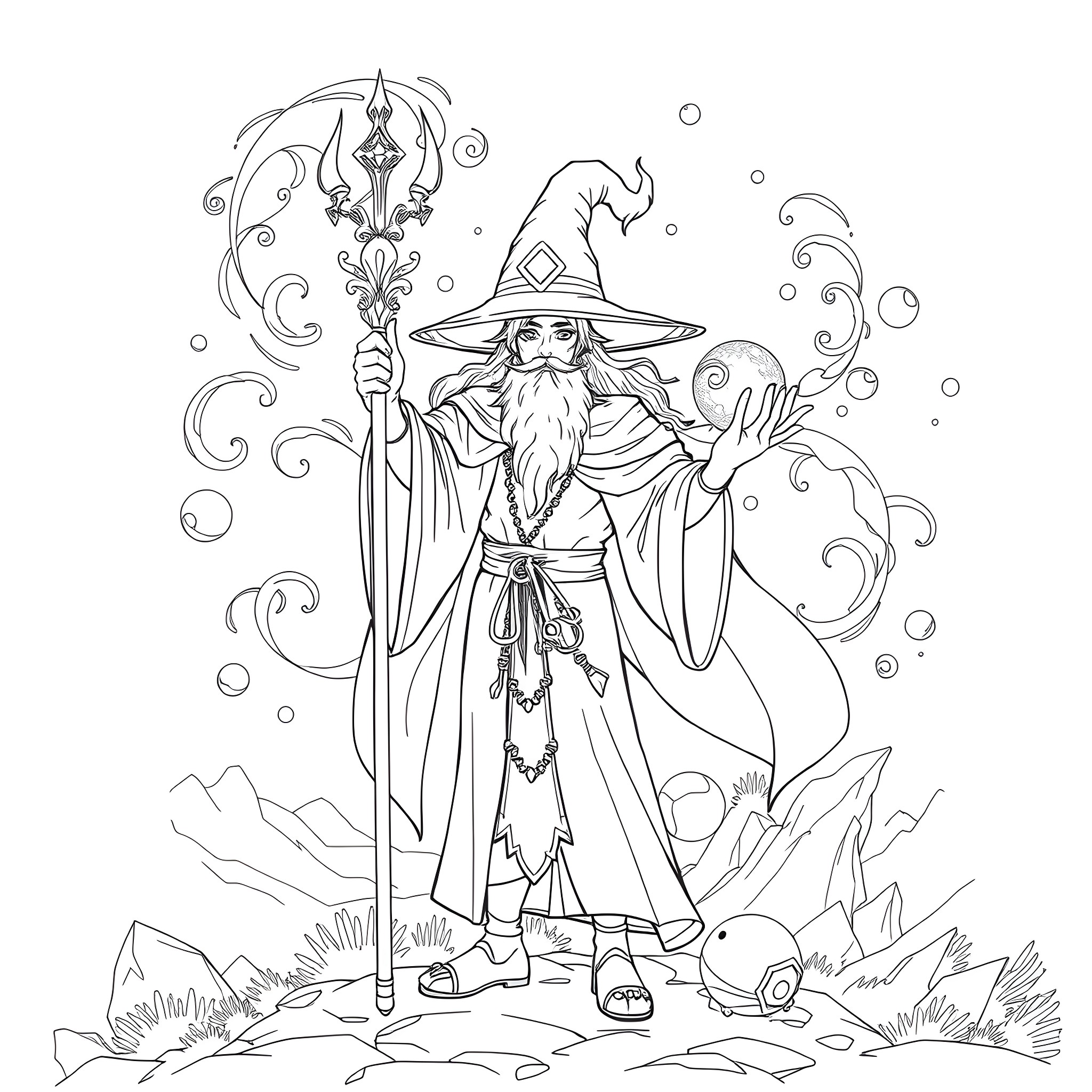 Wizard casting magical spells in a mystical setting Coloring Page (free black-and-white line drawing printable PDF for all, from beginners to advanced learners, including children, teens, adults, and seniors)