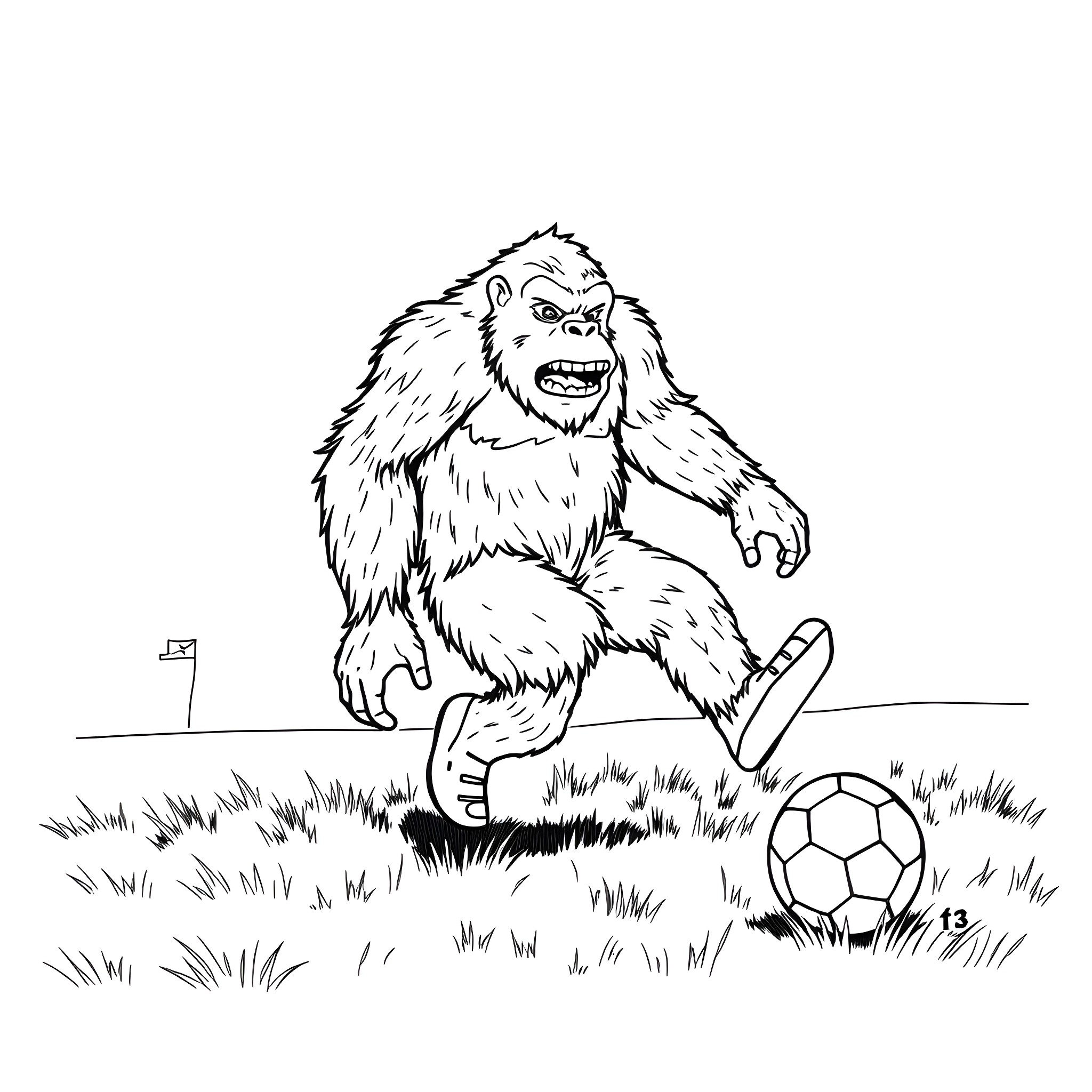 Bigfoot playing with a soccer ball in the park Coloring Page (free black-and-white line drawing printable PDF for all, from beginners to advanced learners, including children, teens, adults, and seniors)
