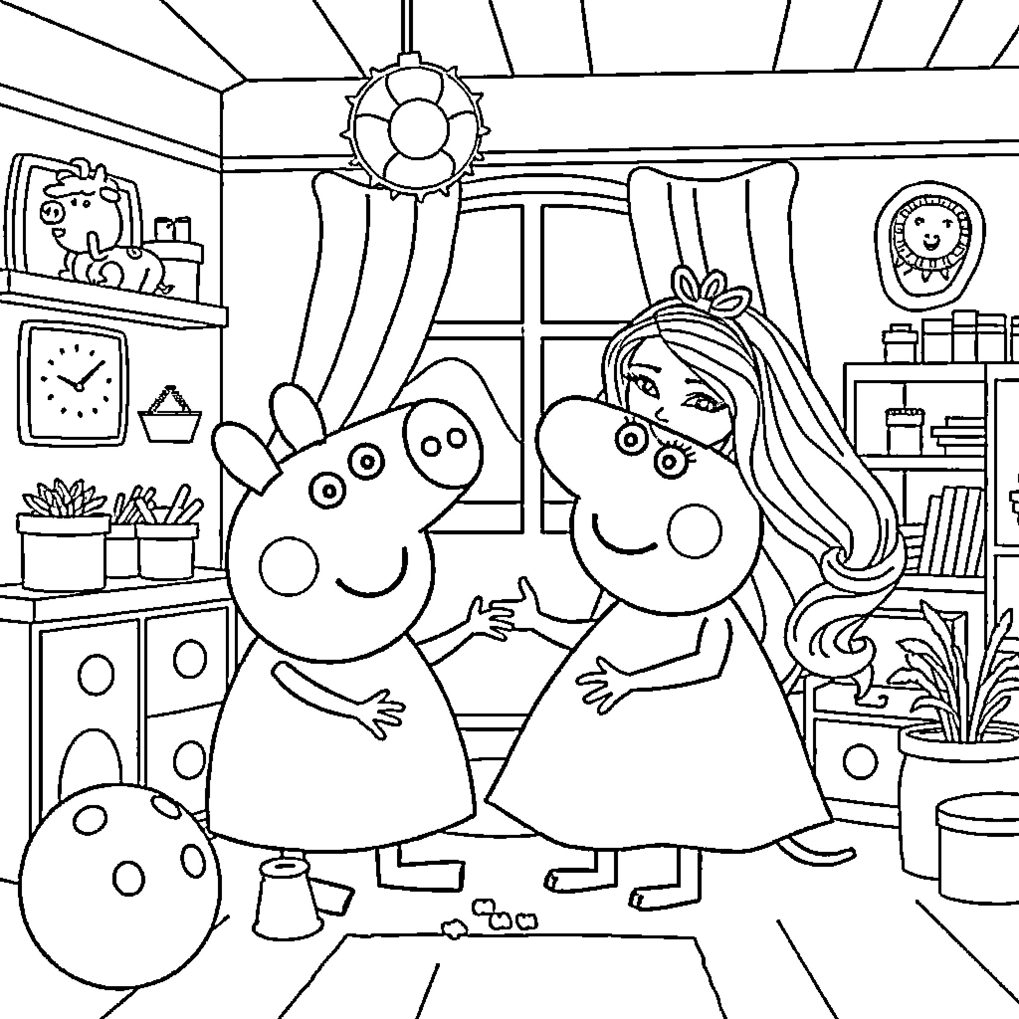 Peppa Pig and Friends Enjoying a Cozy Day Indoors Coloring Page (free black-and-white line drawing printable PDF for all, from beginners to advanced learners, including children, teens, adults, and seniors)