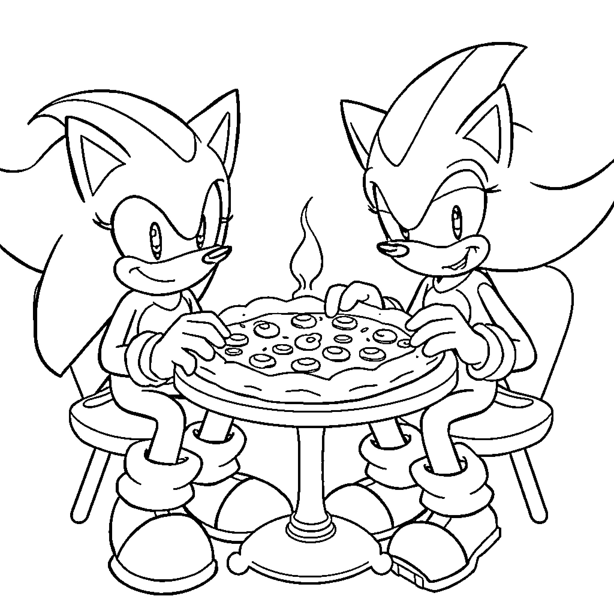 Sonic characters enjoying pizza together Coloring Page (free black-and-white line drawing printable PDF for all, from beginners to advanced learners, including children, teens, adults, and seniors)