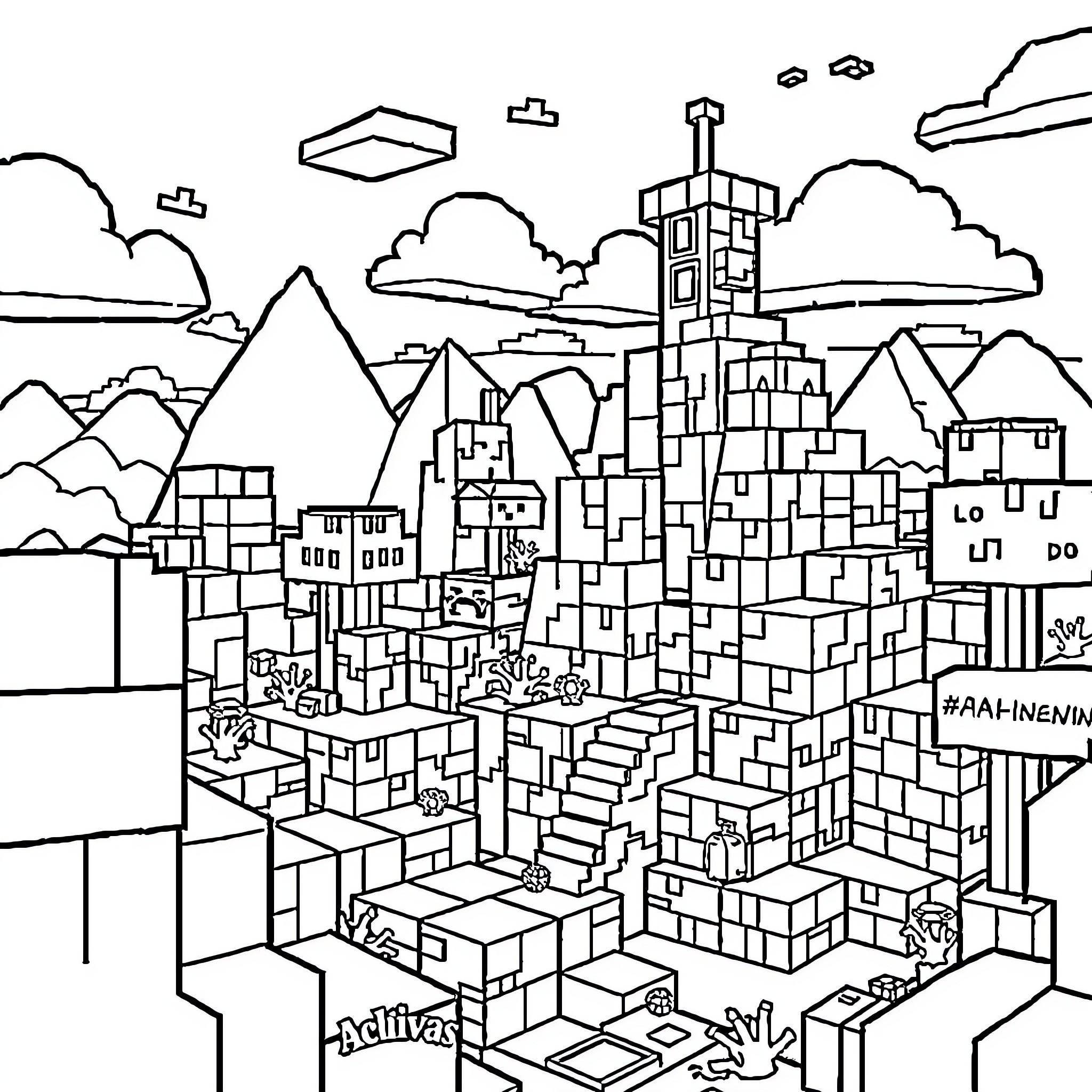 Minecraft Cityscape with Diverse Structures and Landscapes Coloring Page (free black-and-white line drawing printable PDF for all, from beginners to advanced learners, including children, teens, adults, and seniors)