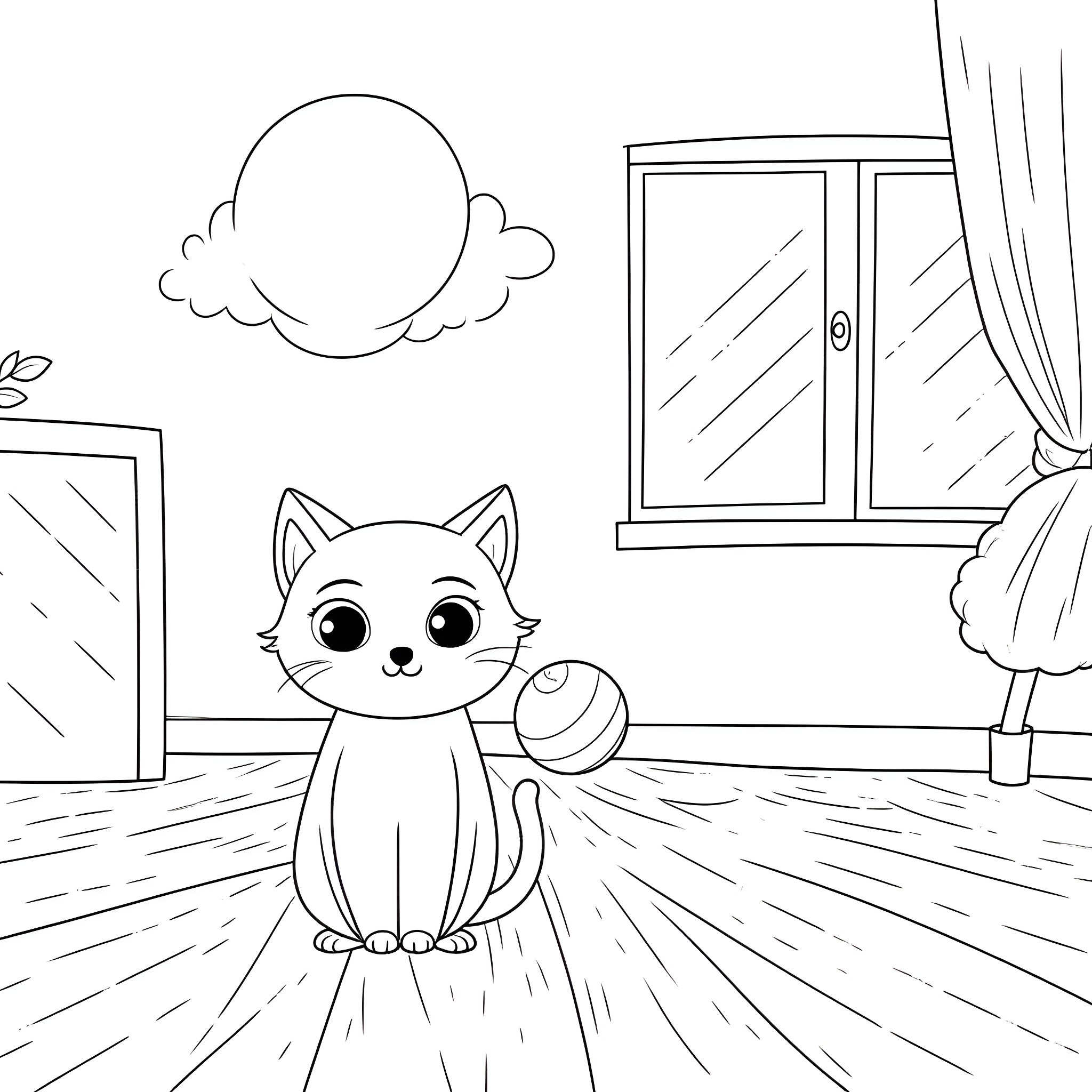 Cat sitting and looking around indoors Coloring Page (free black-and-white line drawing printable PDF for all, from beginners to advanced learners, including children, teens, adults, and seniors)