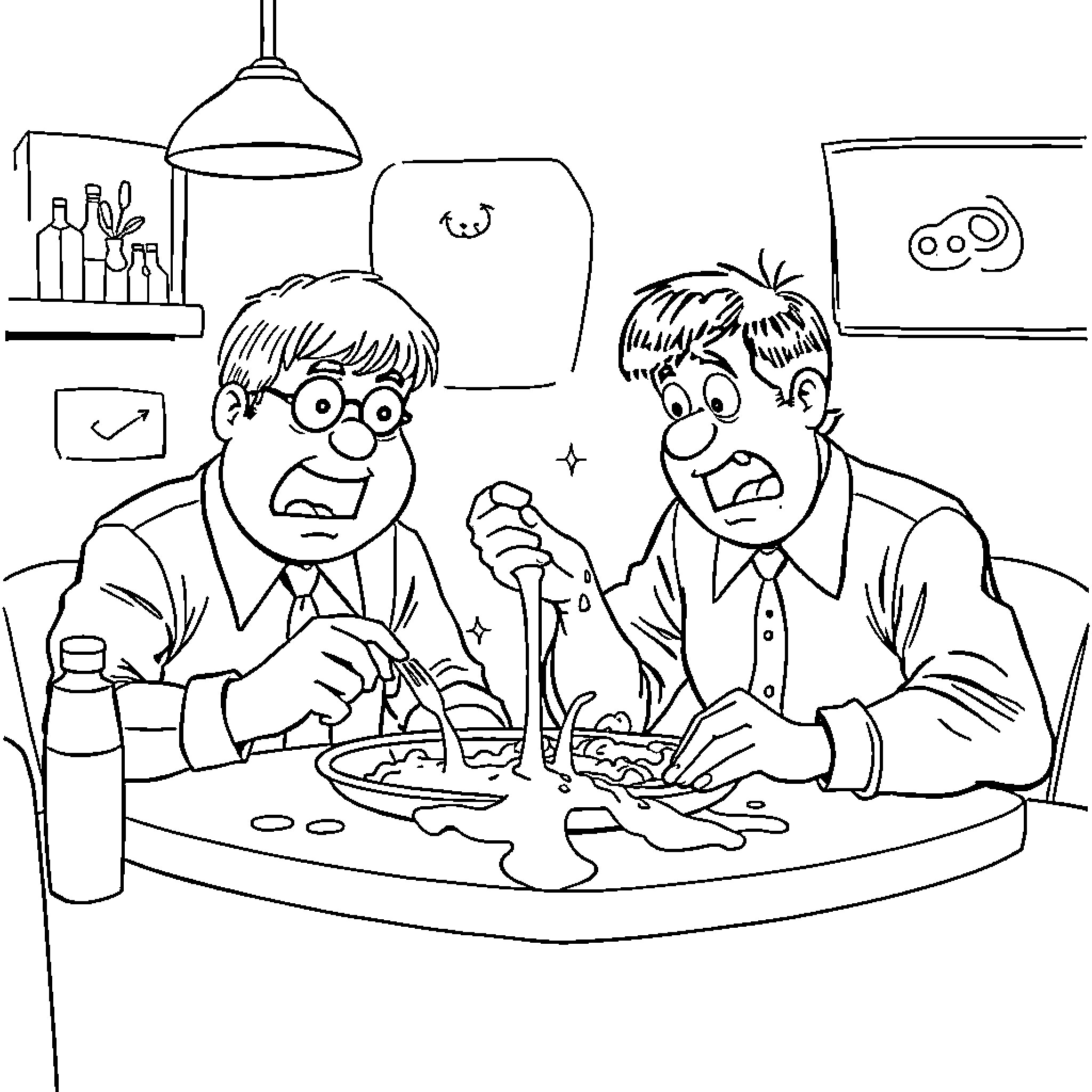 Ketchup spills on the table during dinner Coloring Page (free black-and-white line drawing printable PDF for all, from beginners to advanced learners, including children, teens, adults, and seniors)