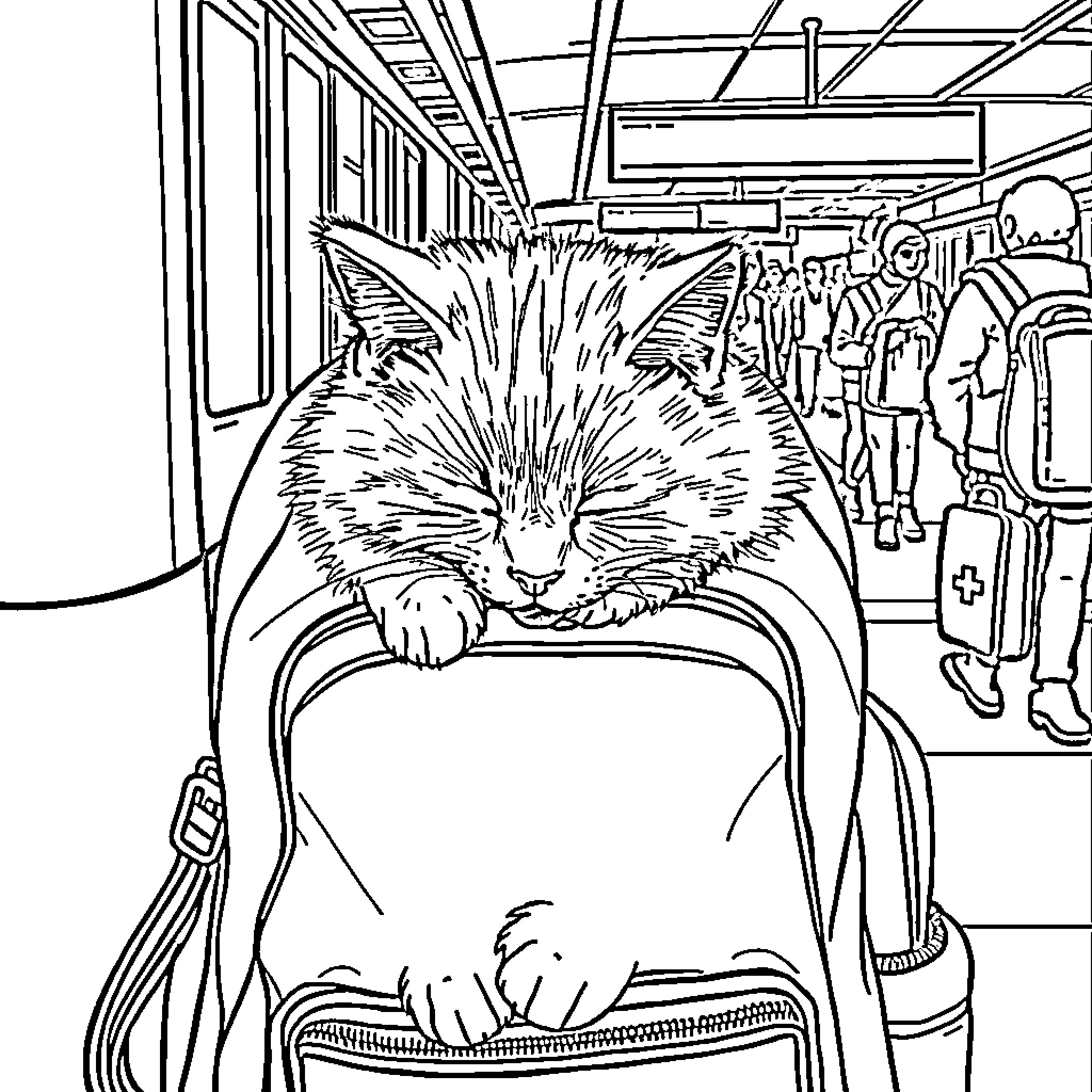 Cat napping on school bus Coloring Page (free black-and-white line drawing printable PDF for all, from beginners to advanced learners, including children, teens, adults, and seniors)