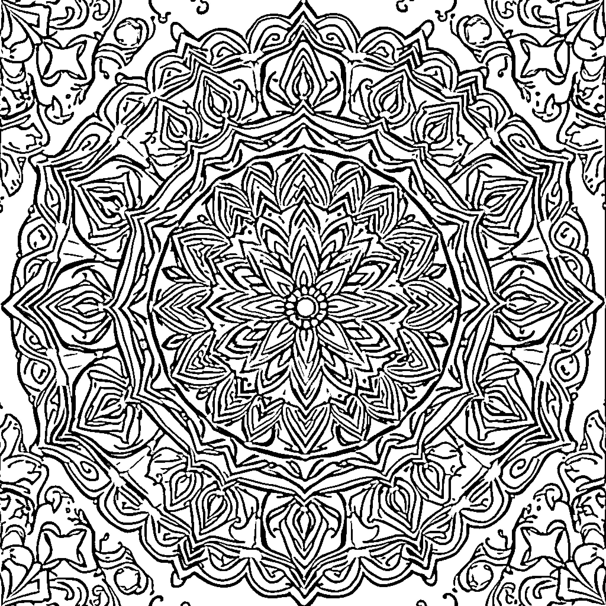 Mandala of intricate geometric patterns and floral motifs Coloring Page (free black-and-white line drawing printable PDF for all, from beginners to advanced learners, including children, teens, adults, and seniors)