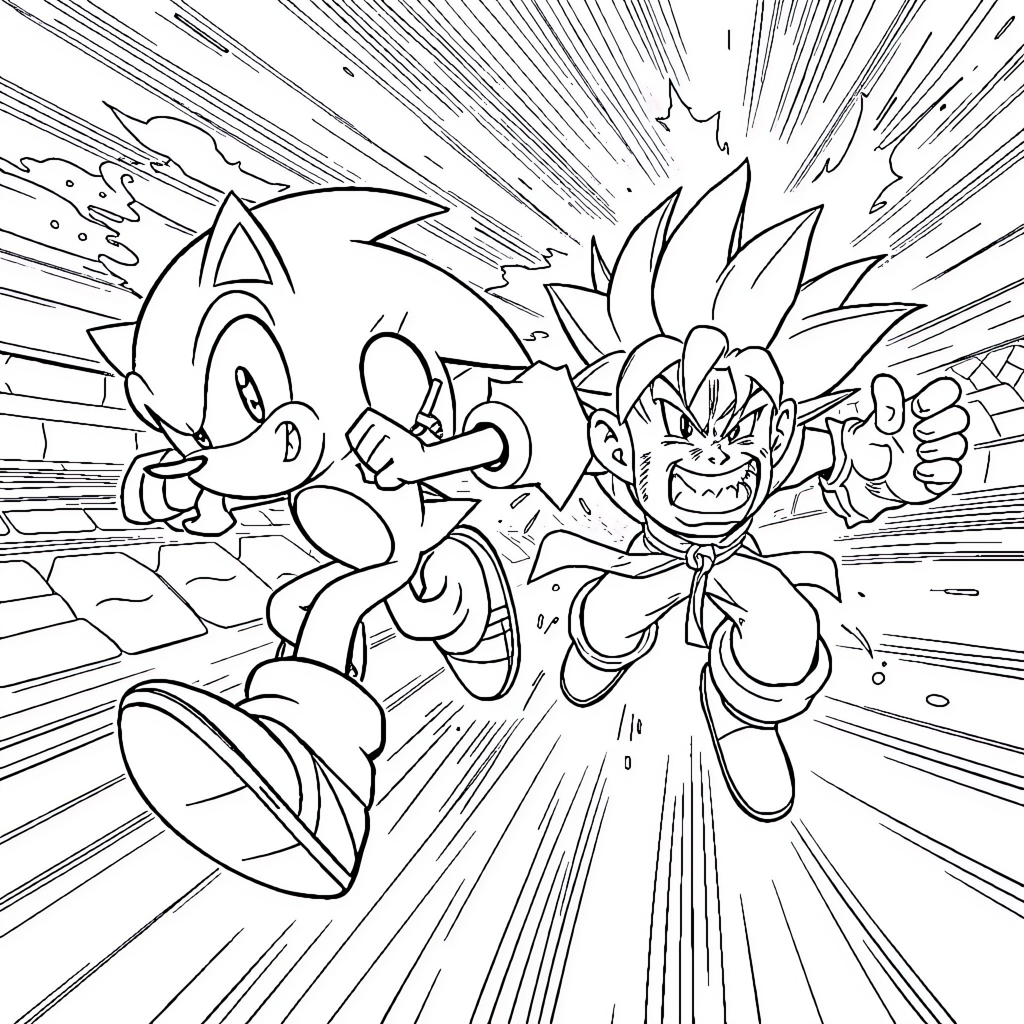 Sonic and friends in an action-packed scene Coloring Page (free black-and-white line drawing printable PDF for all, from beginners to advanced learners, including children, teens, adults, and seniors)