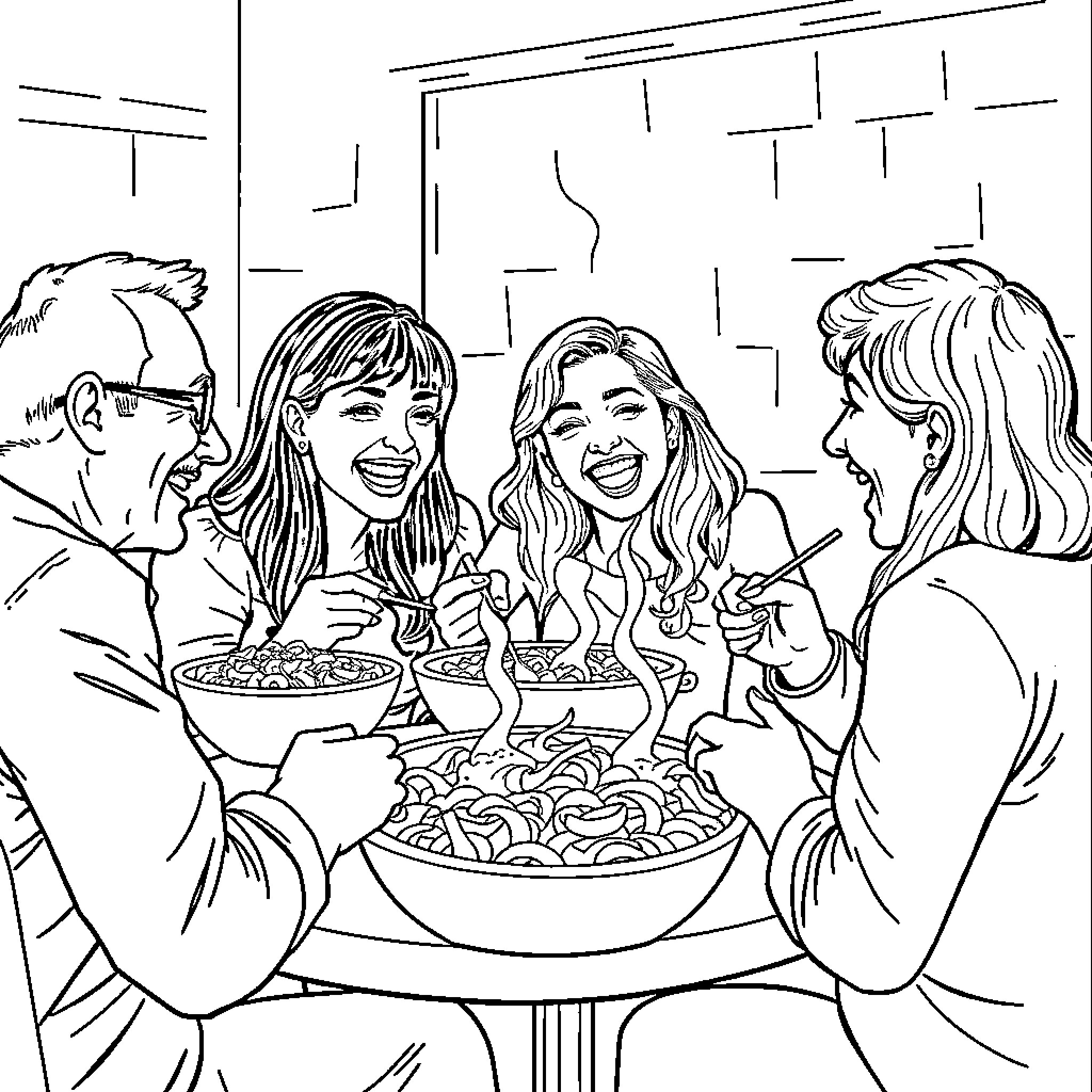 Italian friends enjoying a meal together Coloring Page (free black-and-white line drawing printable PDF for all, from beginners to advanced learners, including children, teens, adults, and seniors)
