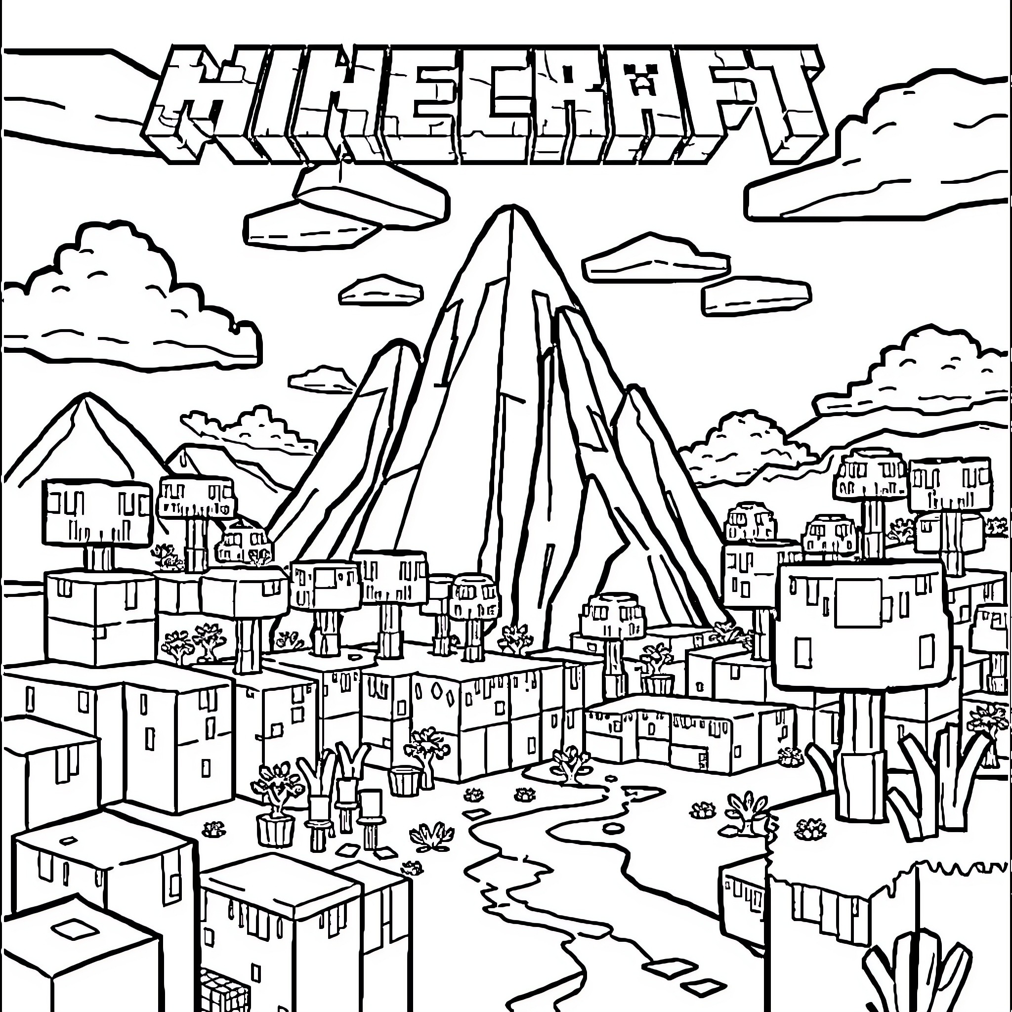 Minecraft landscape with cityscape and mountains Coloring Page (free black-and-white line drawing printable PDF for all, from beginners to advanced learners, including children, teens, adults, and seniors)