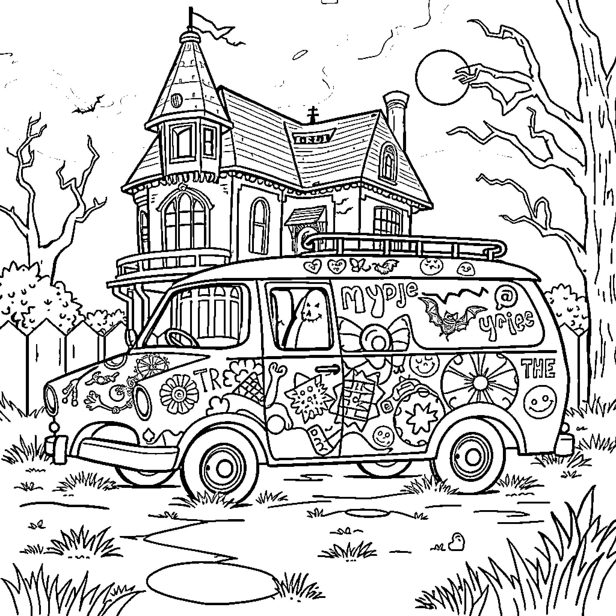 Mystery Machine on Spooky Road with Haunted House Coloring Page (free black-and-white line drawing printable PDF for all, from beginners to advanced learners, including children, teens, adults, and seniors)