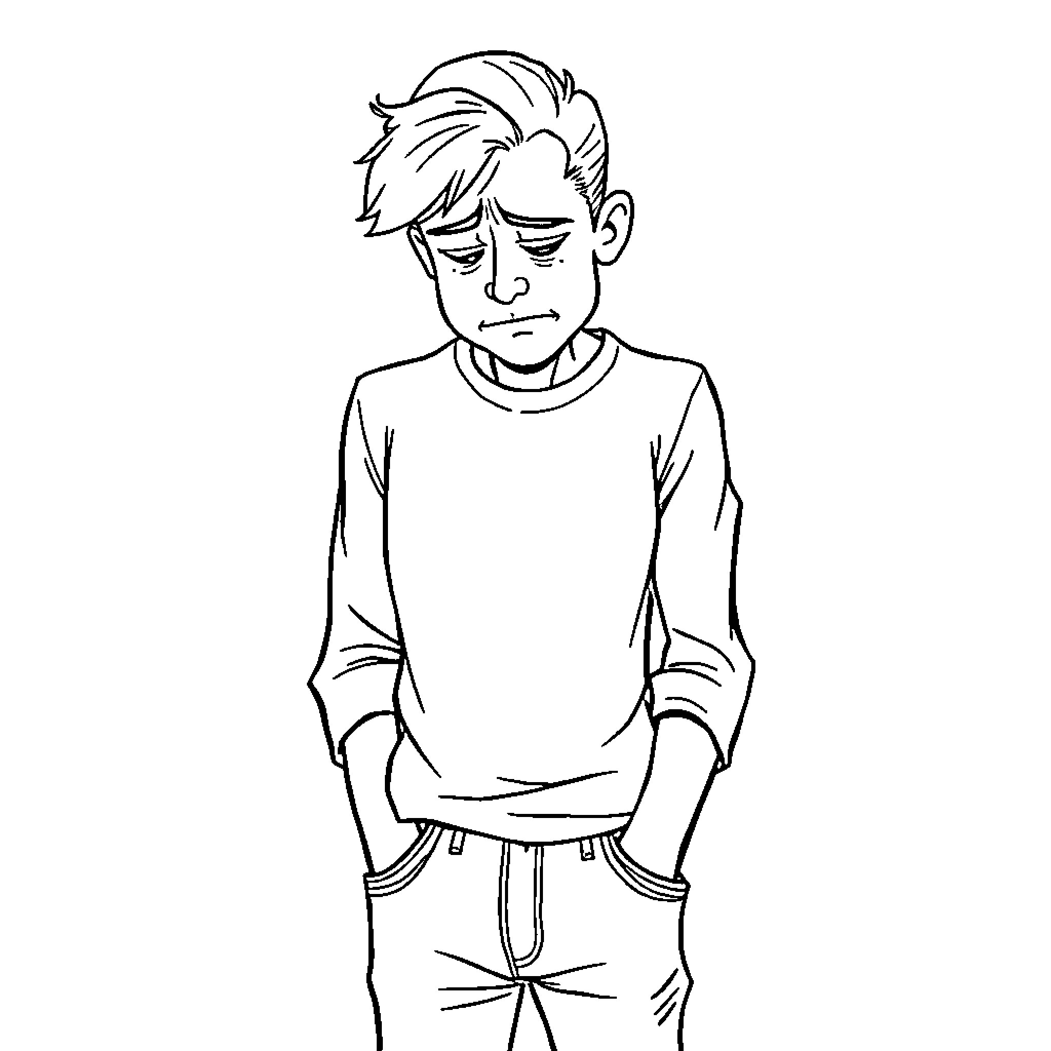 Shy Guy Looks Down with Uncertainty Coloring Page (free black-and-white line drawing printable PDF for all, from beginners to advanced learners, including children, teens, adults, and seniors)