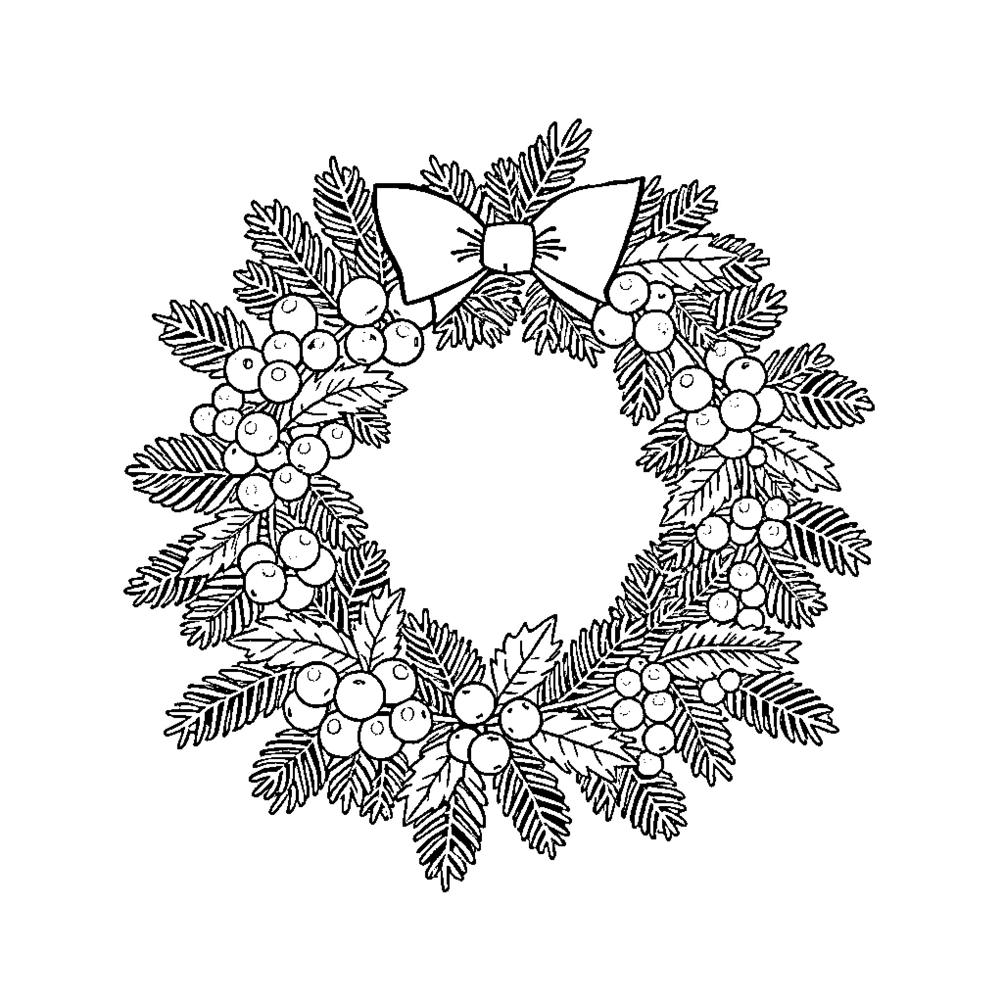 Wreath with intricate leaf and berry design Coloring Page (free black-and-white line drawing printable PDF for all, from beginners to advanced learners, including children, teens, adults, and seniors)