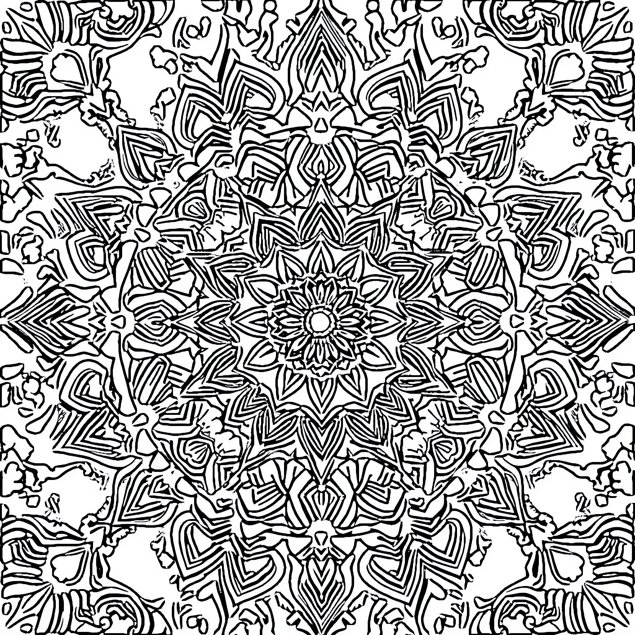 Mandala of intricate symmetrical patterns Coloring Page (free black-and-white line drawing printable PDF for all, from beginners to advanced learners, including children, teens, adults, and seniors)