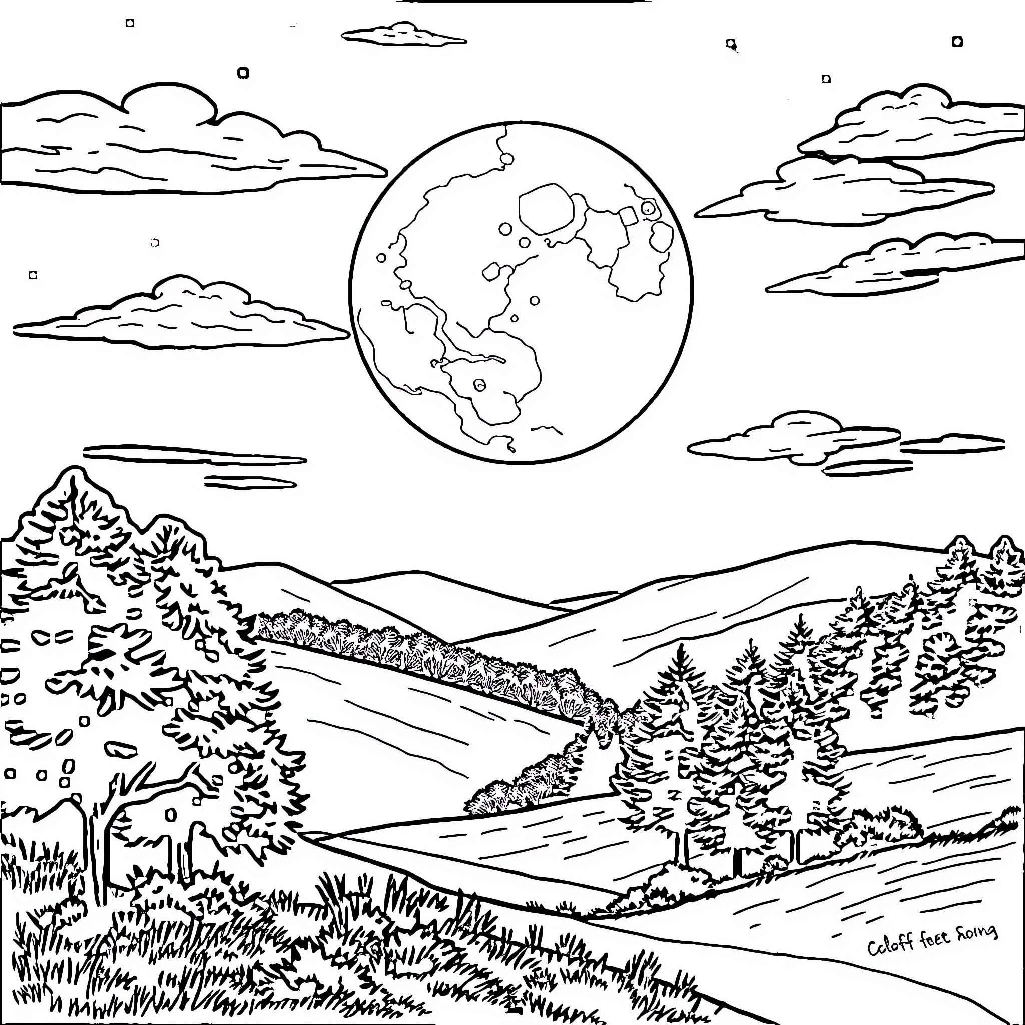 Moon shining over a peaceful landscape Coloring Page (free black-and-white line drawing printable PDF for all, from beginners to advanced learners, including children, teens, adults, and seniors)