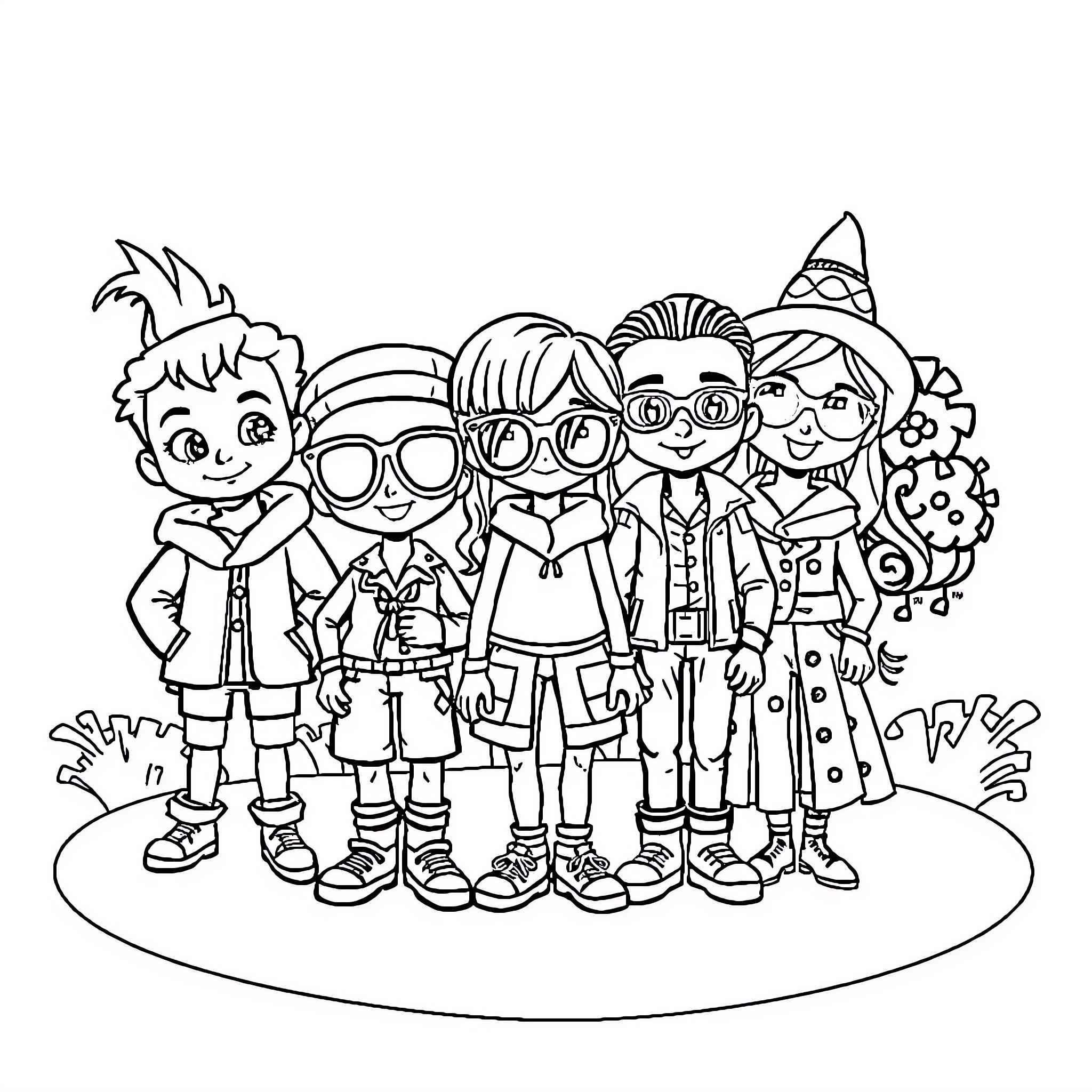 Dandy group of friends in whimsical outfits Coloring Page (free black-and-white line drawing printable PDF for all, from beginners to advanced learners, including children, teens, adults, and seniors)