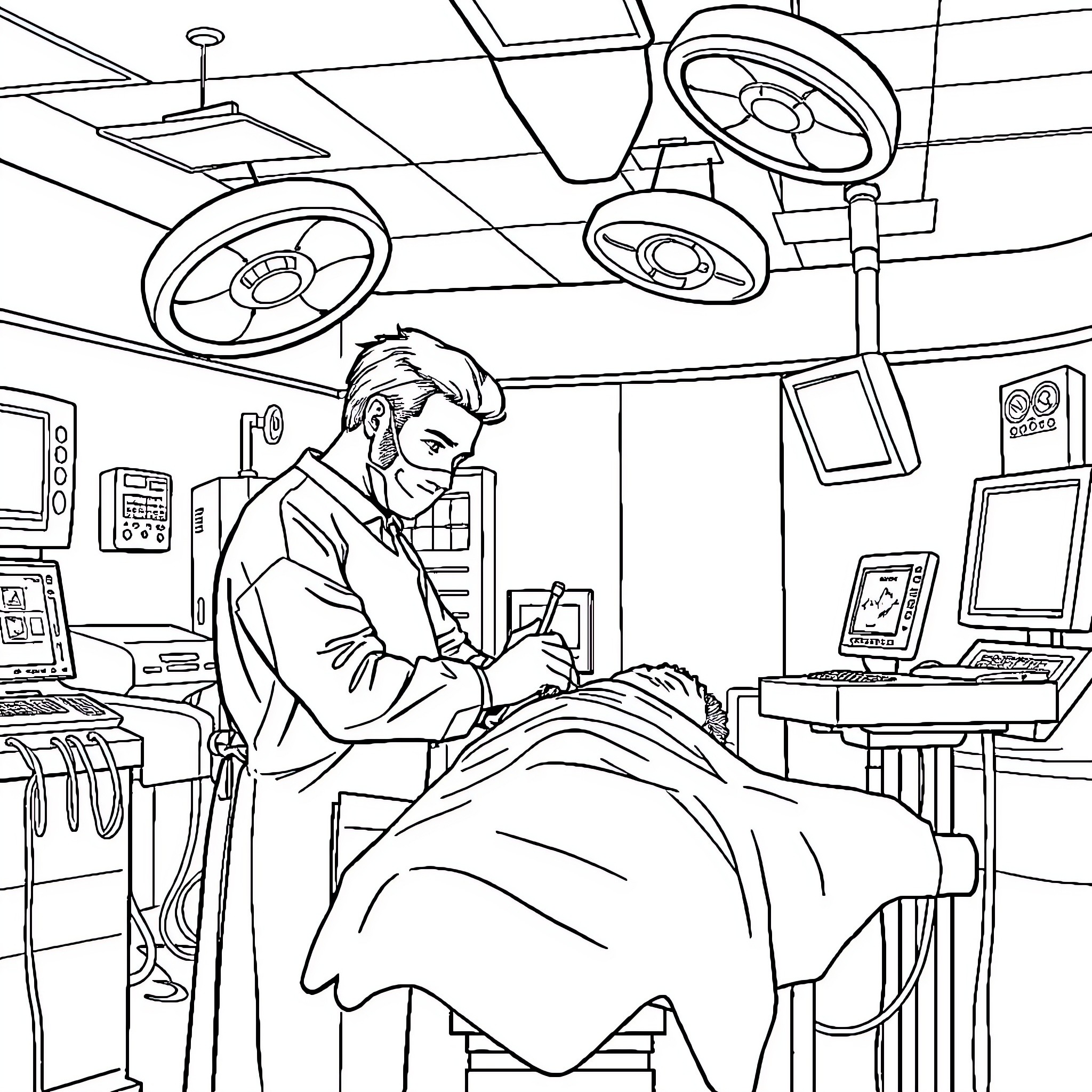 Doctor performing medical procedure in surgical room Coloring Page (free black-and-white line drawing printable PDF for all, from beginners to advanced learners, including children, teens, adults, and seniors)