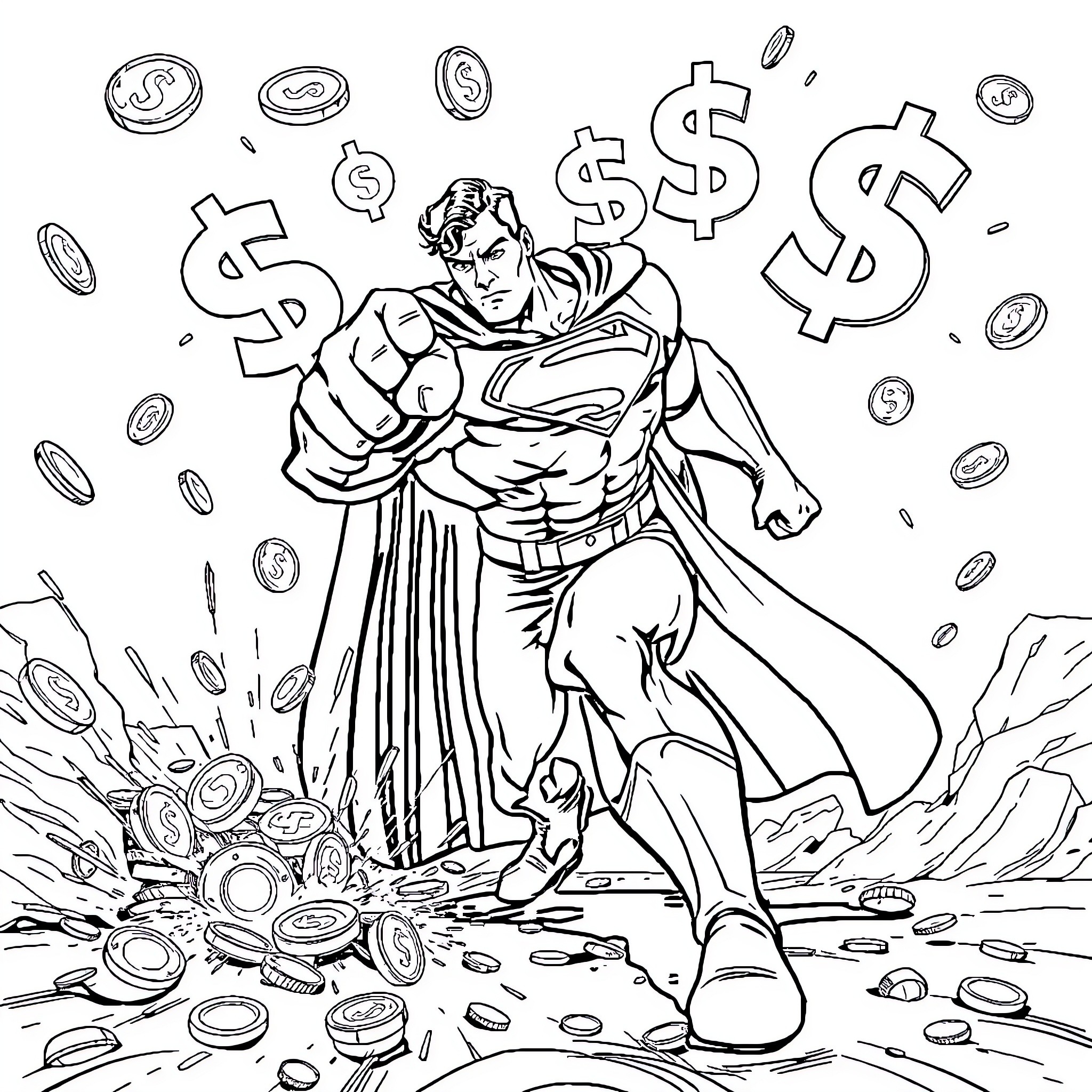 Superman's Financial Heroics Coloring Page (free black-and-white line drawing printable PDF for all, from beginners to advanced learners, including children, teens, adults, and seniors)