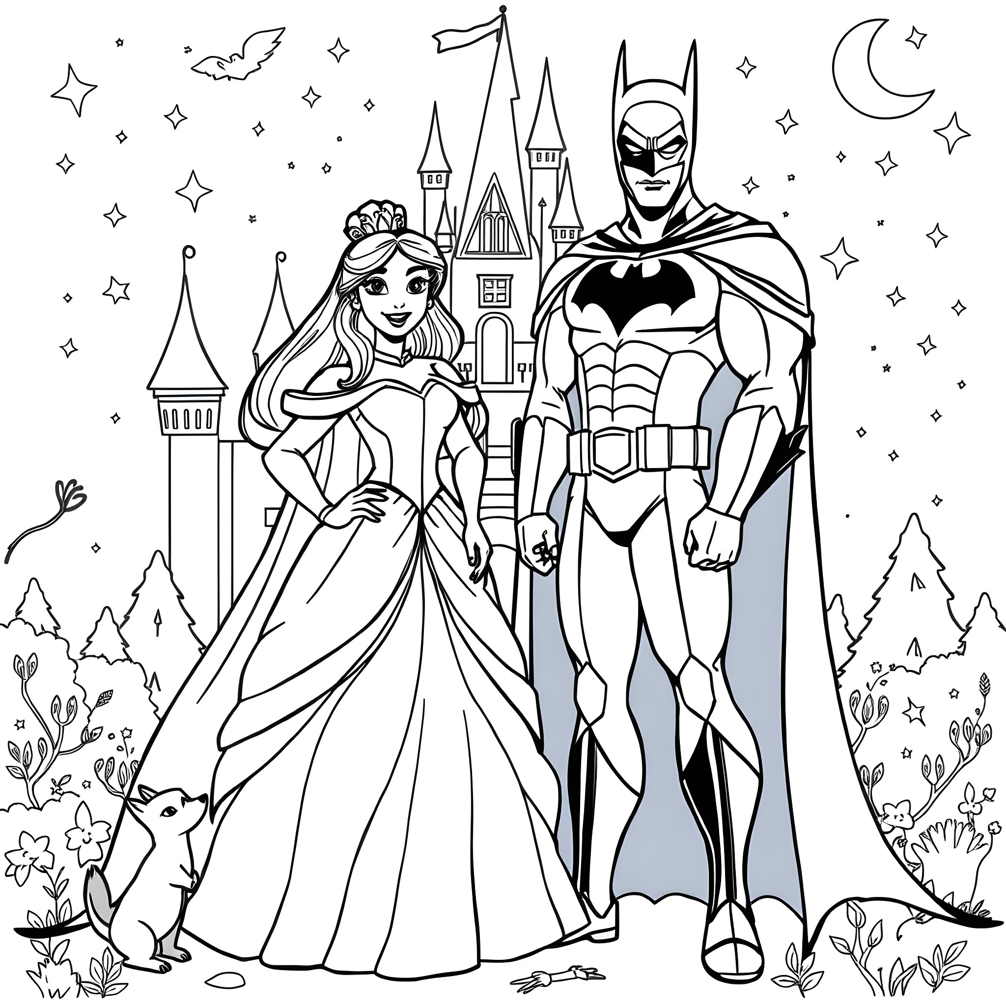 Disney Princess and Batman in Magical Castle Coloring Page (free black-and-white line drawing printable PDF for all, from beginners to advanced learners, including children, teens, adults, and seniors)