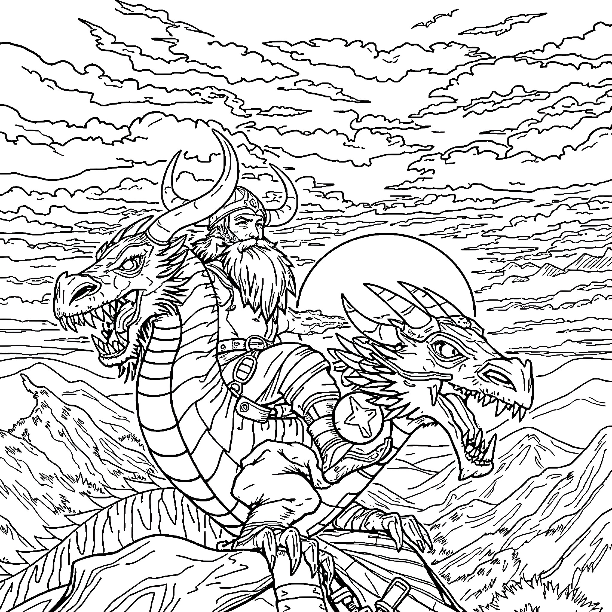 Viking warriors battling fierce dragons in the cloudy sky Coloring Page (free black-and-white line drawing printable PDF for all, from beginners to advanced learners, including children, teens, adults, and seniors)