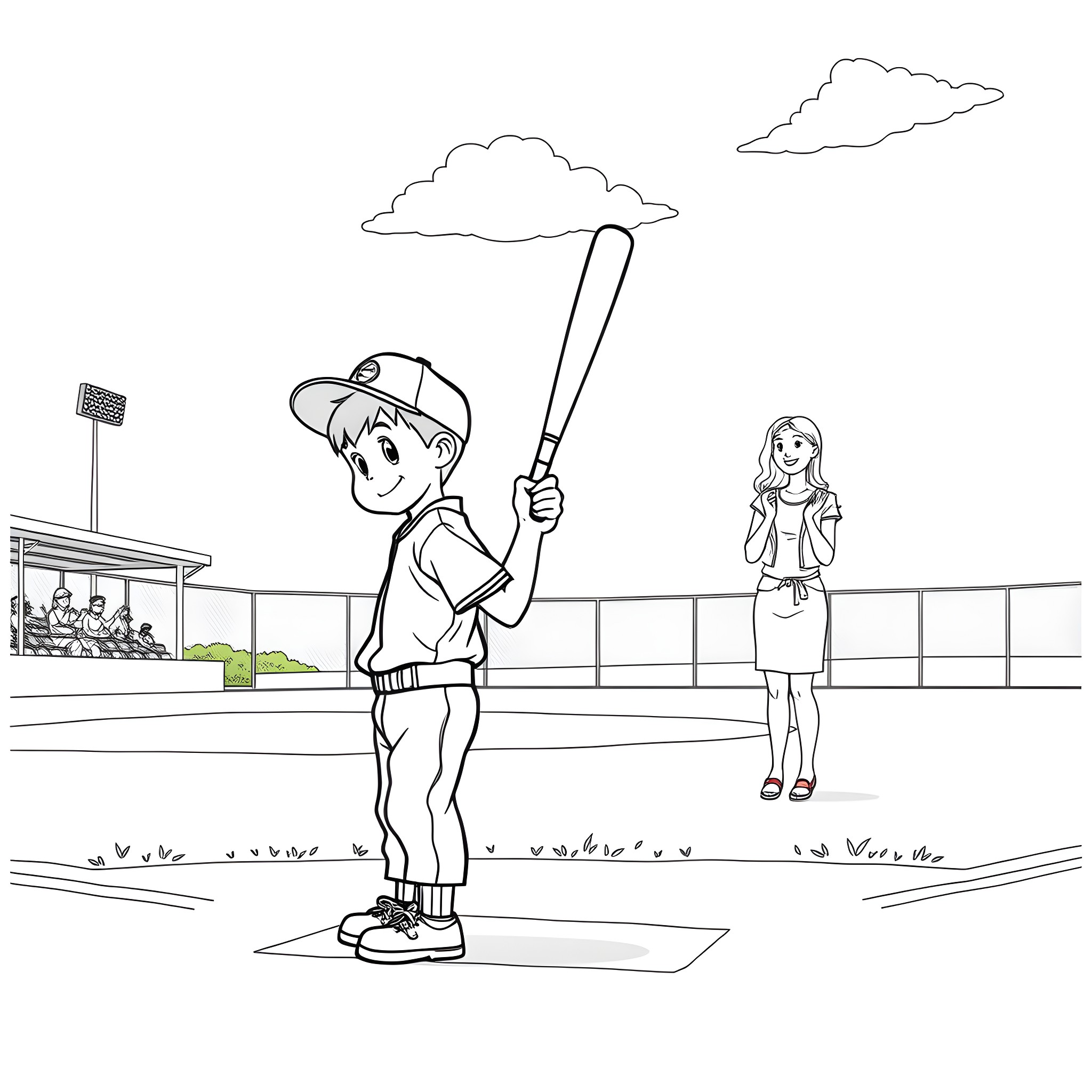 Boy playing baseball with a girl watching Coloring Page (free black-and-white line drawing printable PDF for all, from beginners to advanced learners, including children, teens, adults, and seniors)