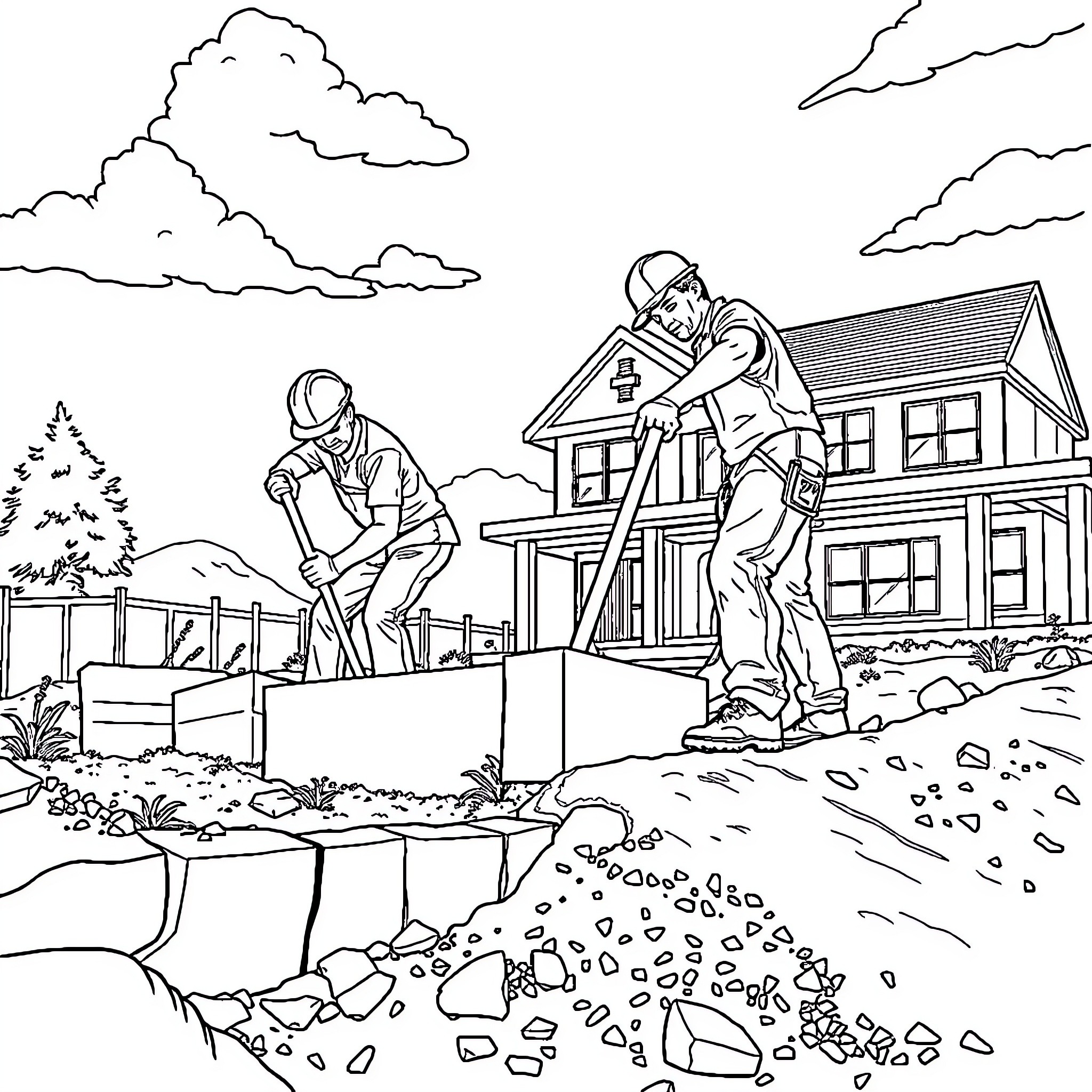 Construction Workers Building a House on Site Coloring Page (free black-and-white line drawing printable PDF for all, from beginners to advanced learners, including children, teens, adults, and seniors)