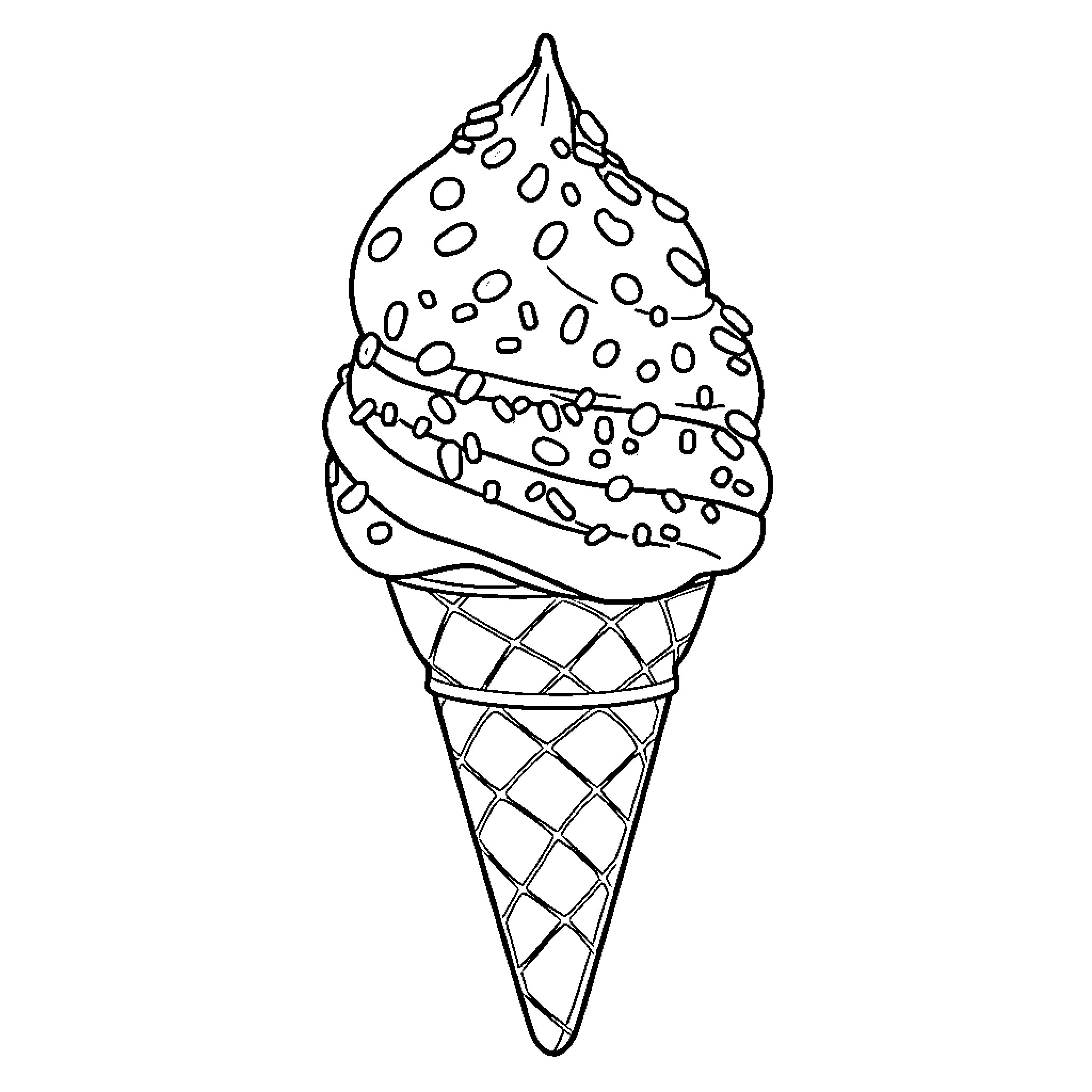 Ice Cream Cone with Decorative Swirls Coloring Page (free black-and-white line drawing printable PDF for all, from beginners to advanced learners, including children, teens, adults, and seniors)