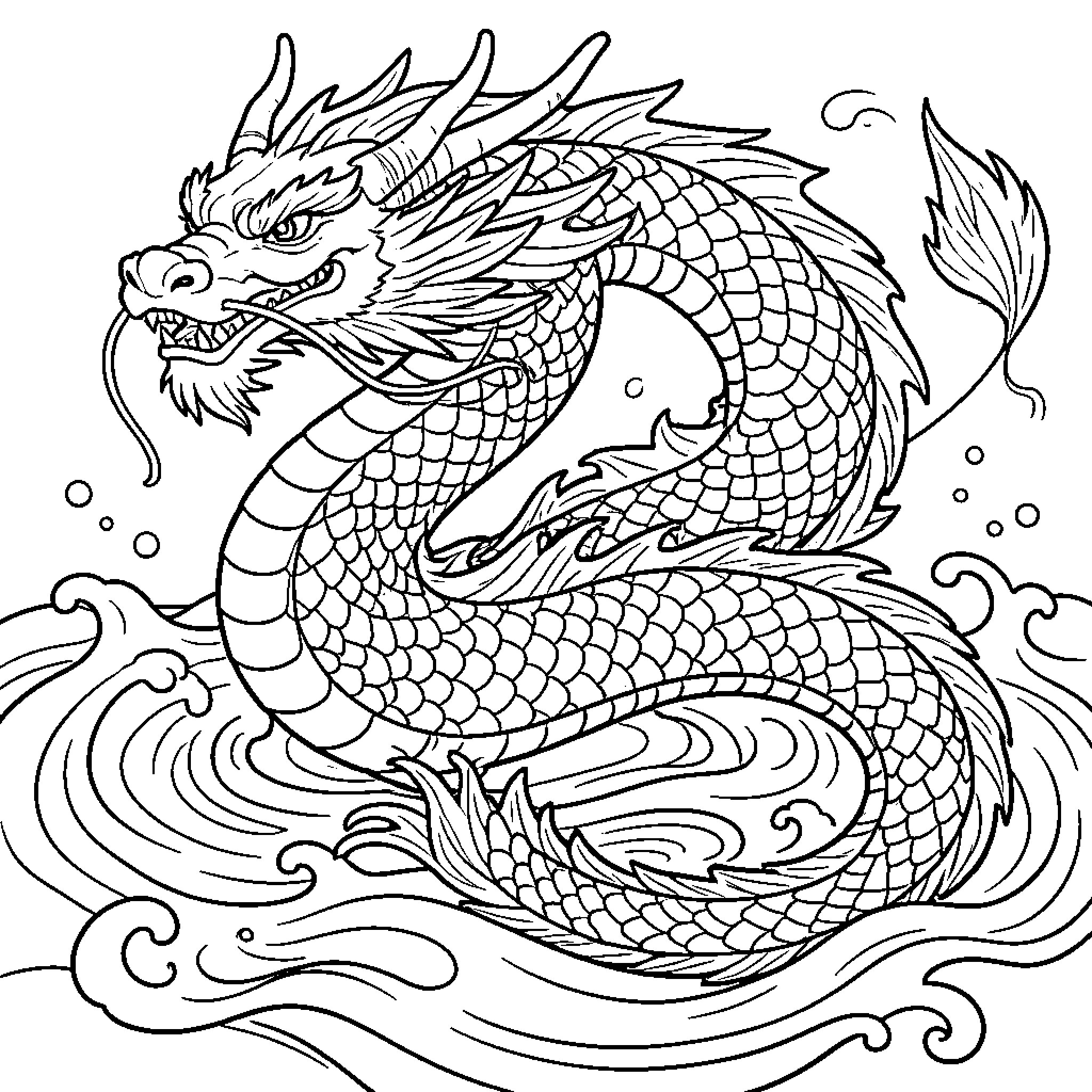 Dragon rising majestically through swirling ocean waves Coloring Page (free black-and-white line drawing printable PDF for all, from beginners to advanced learners, including children, teens, adults, and seniors)