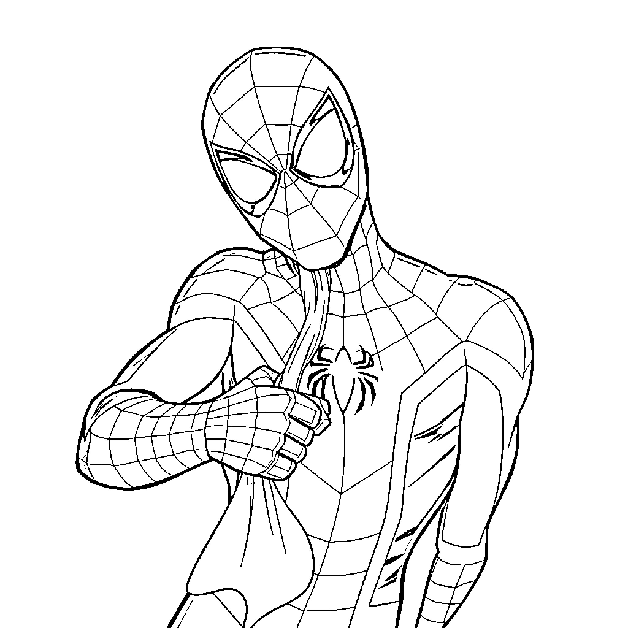 Spiderman heroically posing in costume Coloring Page (free black-and-white line drawing printable PDF for all, from beginners to advanced learners, including children, teens, adults, and seniors)