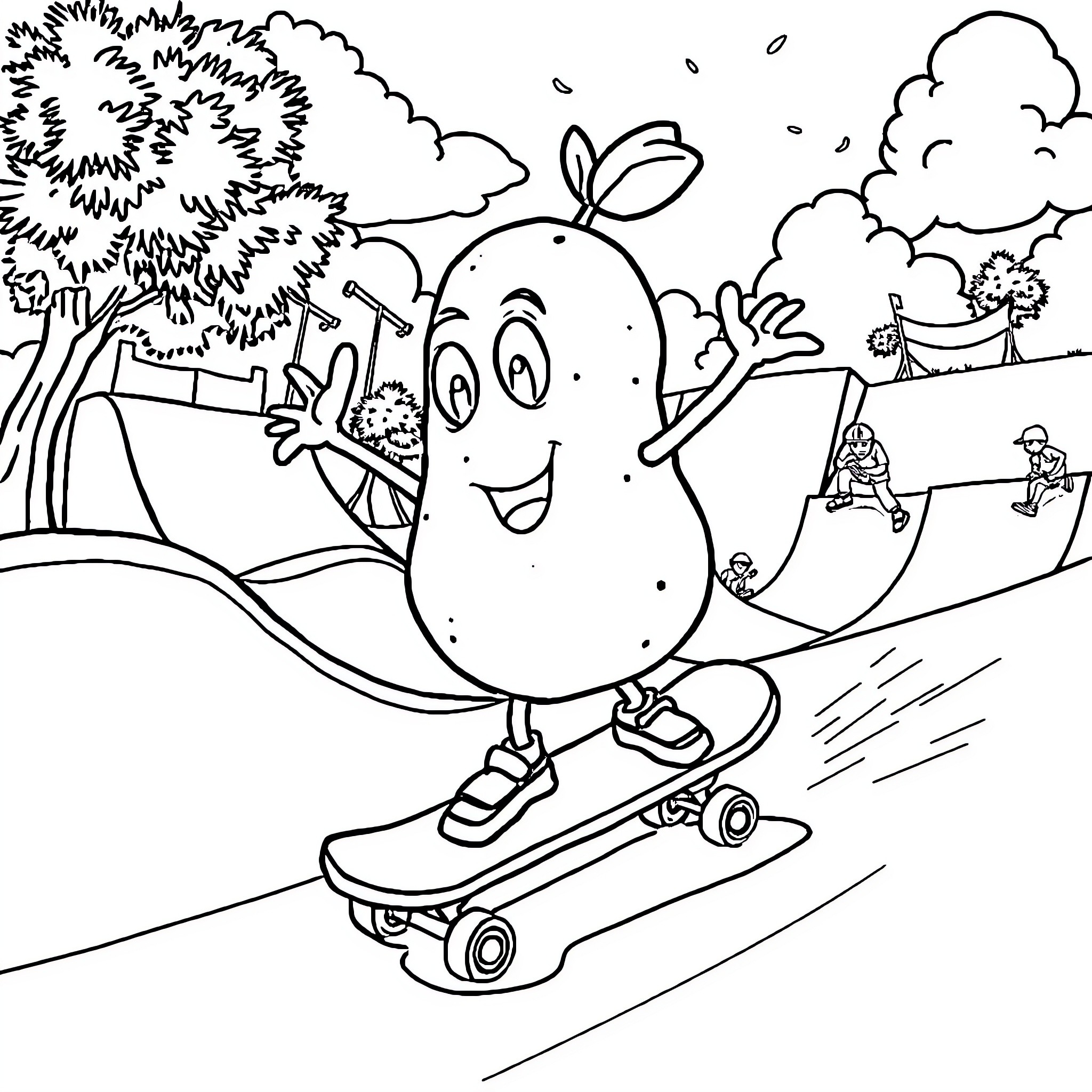 Potato character skateboarding in the park Coloring Page (free black-and-white line drawing printable PDF for all, from beginners to advanced learners, including children, teens, adults, and seniors)