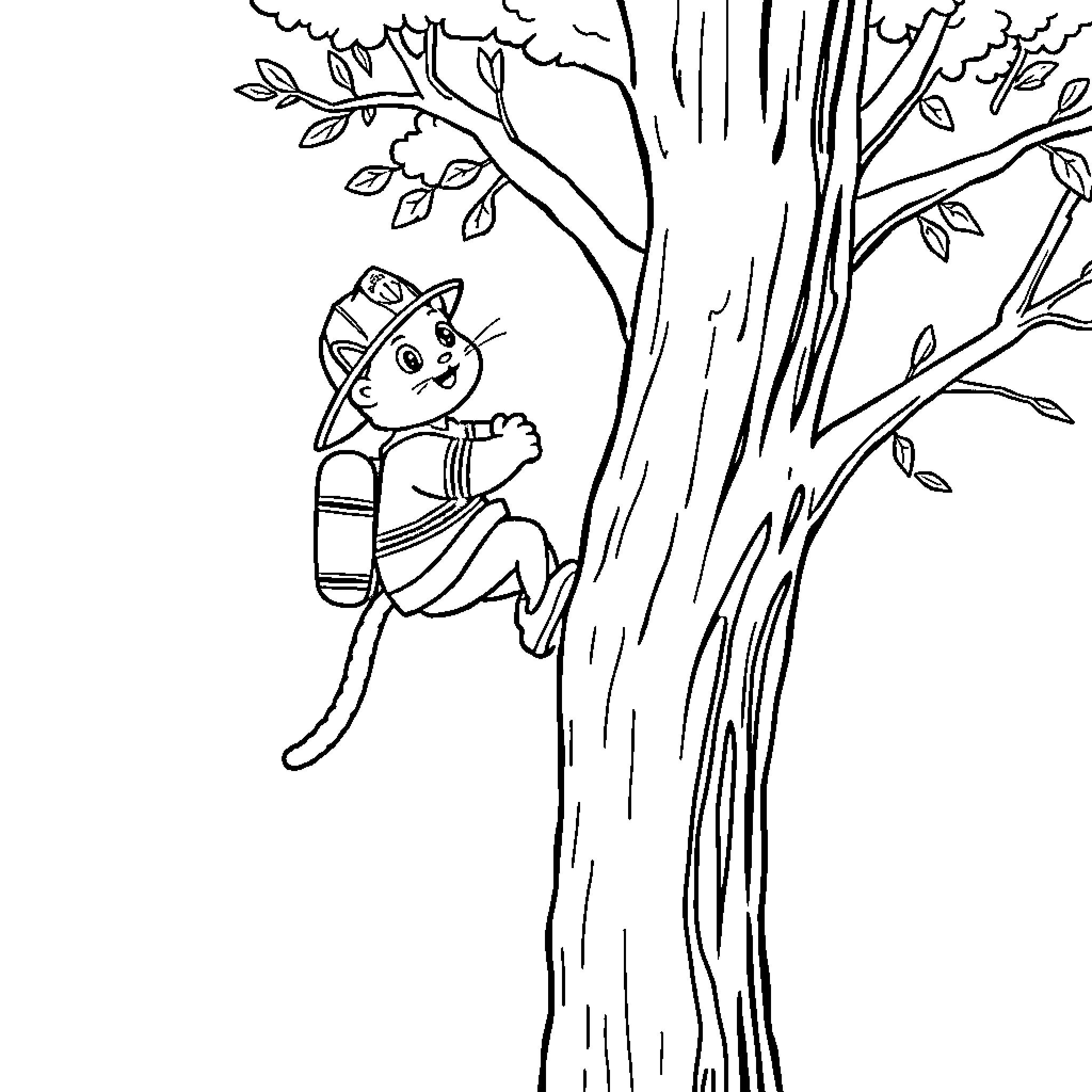 Cat Climbing up Tree with Backpack Coloring Page (free black-and-white line drawing printable PDF for all, from beginners to advanced learners, including children, teens, adults, and seniors)