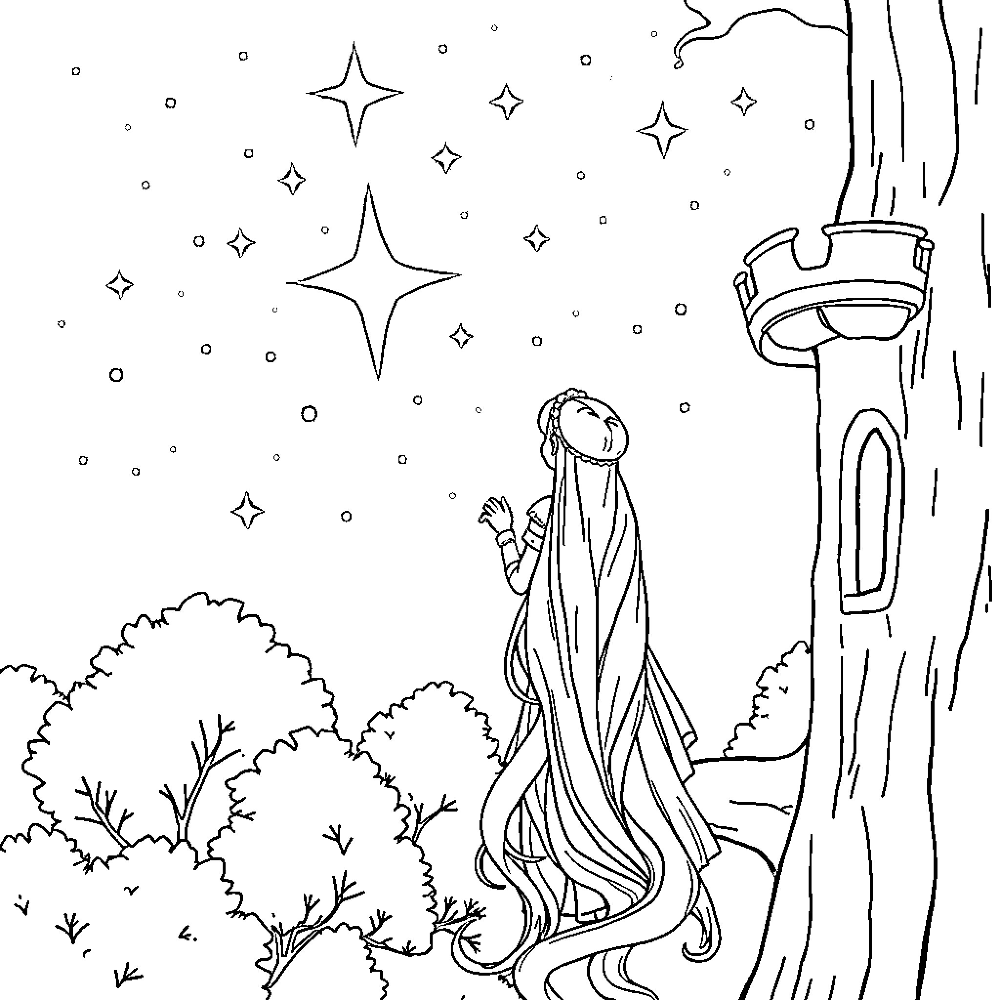 Rapunzel gazes at the sparkling night sky Coloring Page (free black-and-white line drawing printable PDF for all, from beginners to advanced learners, including children, teens, adults, and seniors)