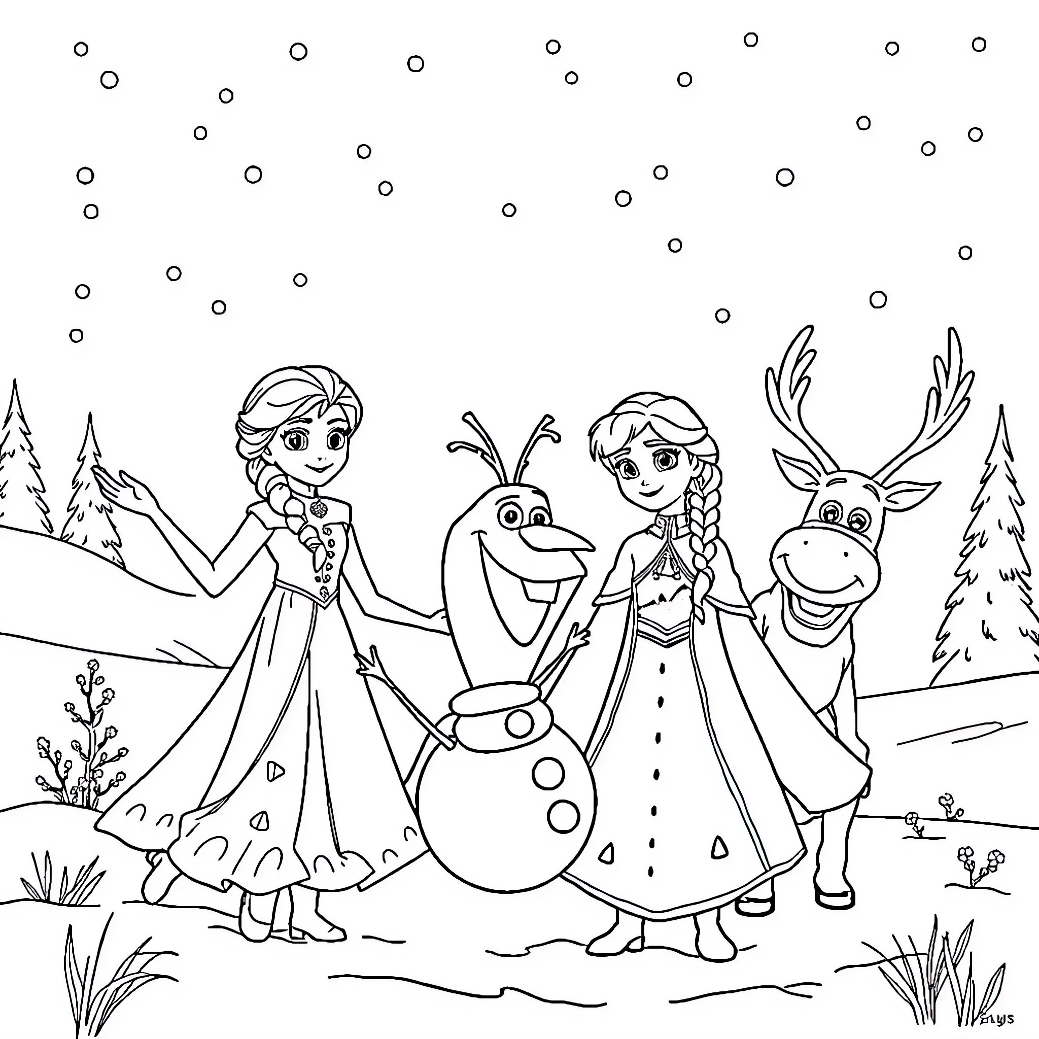 Elsa and friends enjoying a winter wonderland Coloring Page (free black-and-white line drawing printable PDF for all, from beginners to advanced learners, including children, teens, adults, and seniors)