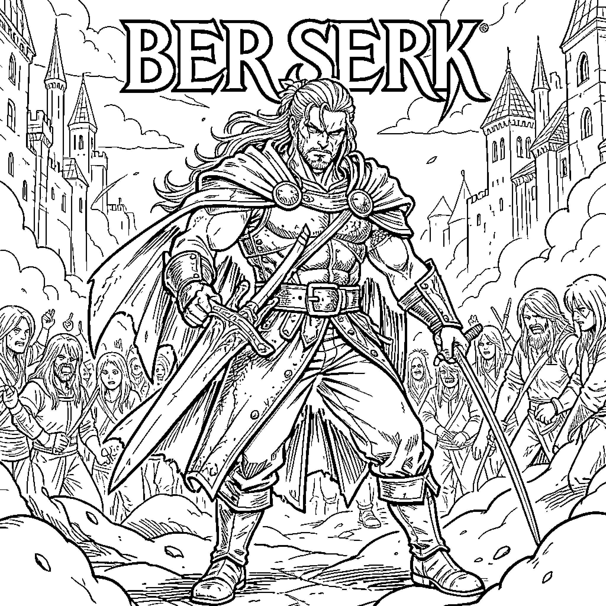 Berserk Warrior Leading the Charge Coloring Page (free black-and-white line drawing printable PDF for all, from beginners to advanced learners, including children, teens, adults, and seniors)