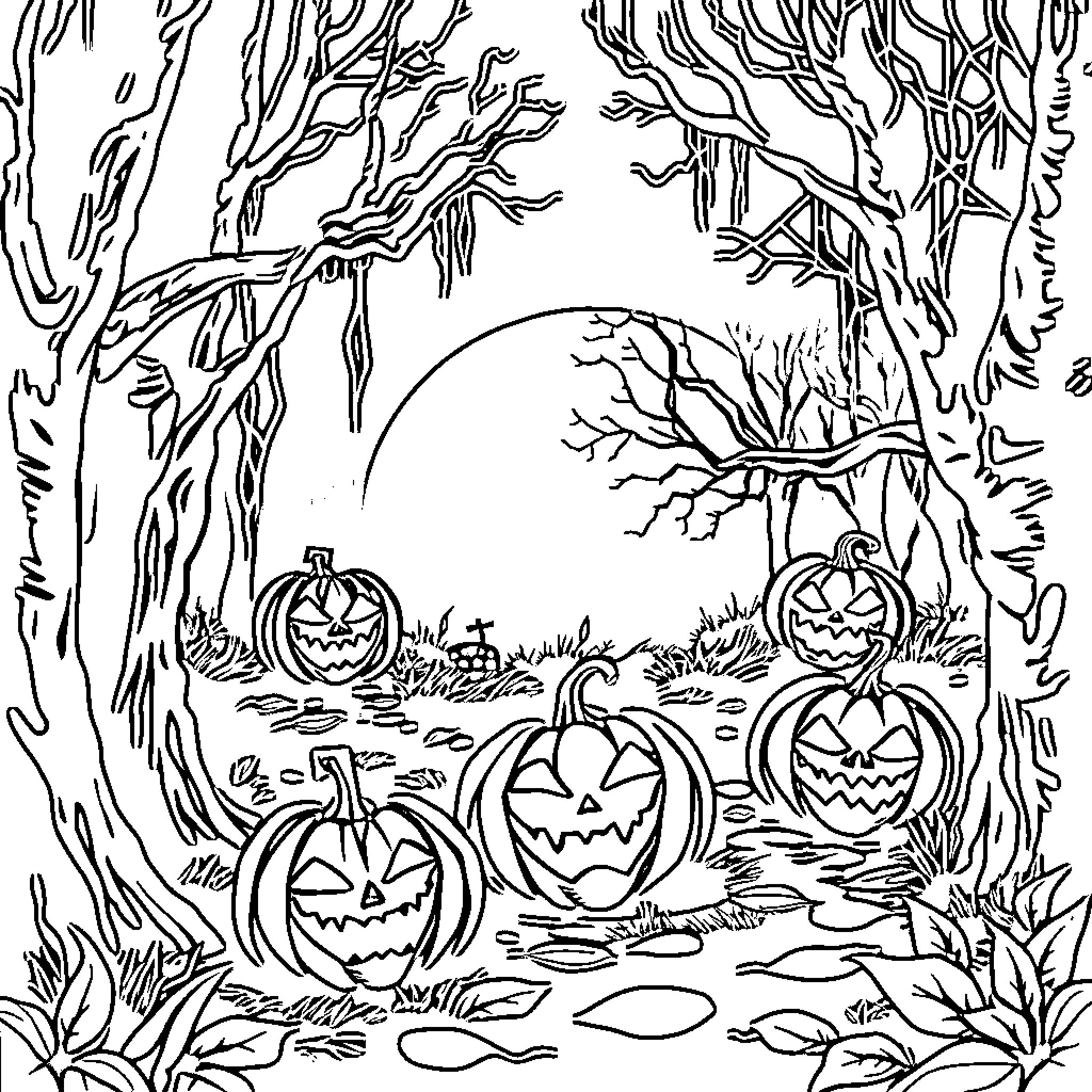 Halloween spooky pumpkins in the haunted forest Coloring Page (free black-and-white line drawing printable PDF for all, from beginners to advanced learners, including children, teens, adults, and seniors)
