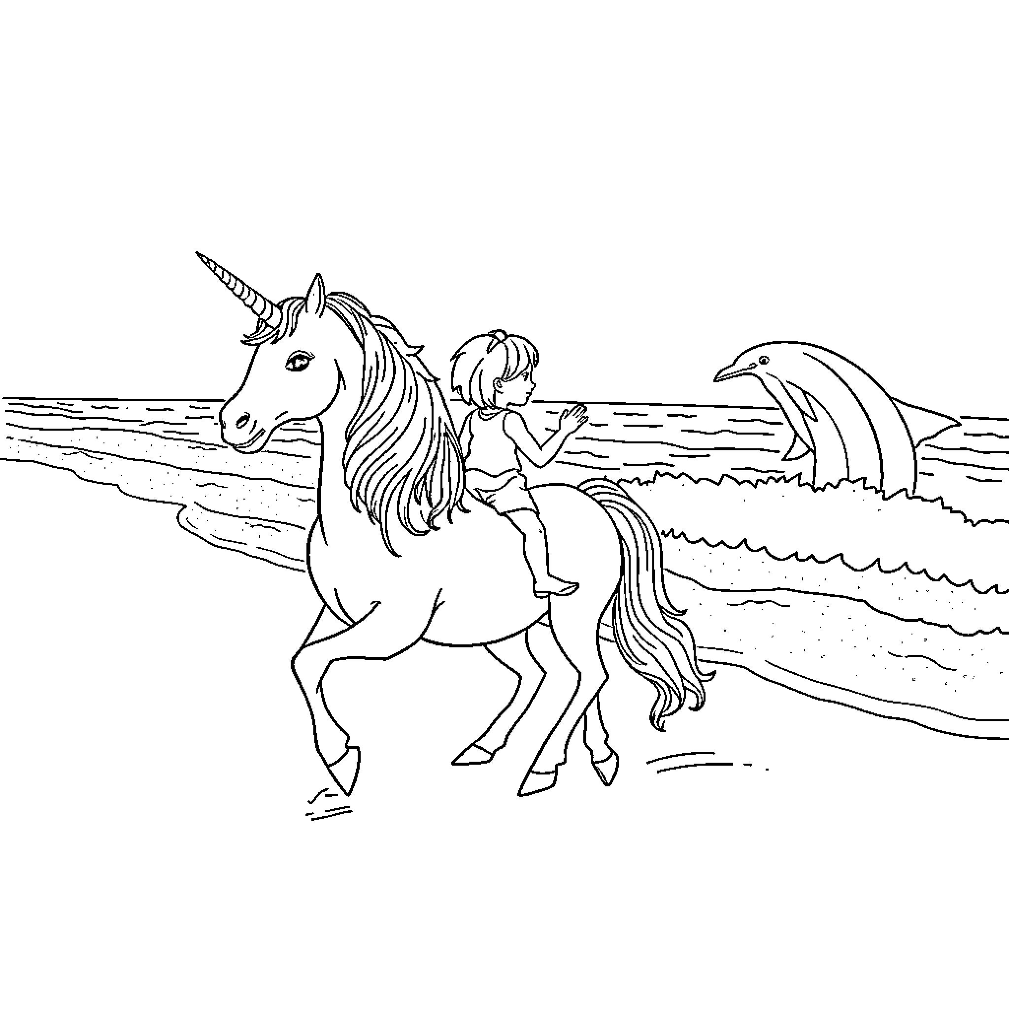Unicorn and child playing by the ocean Coloring Page (free black-and-white line drawing printable PDF for all, from beginners to advanced learners, including children, teens, adults, and seniors)