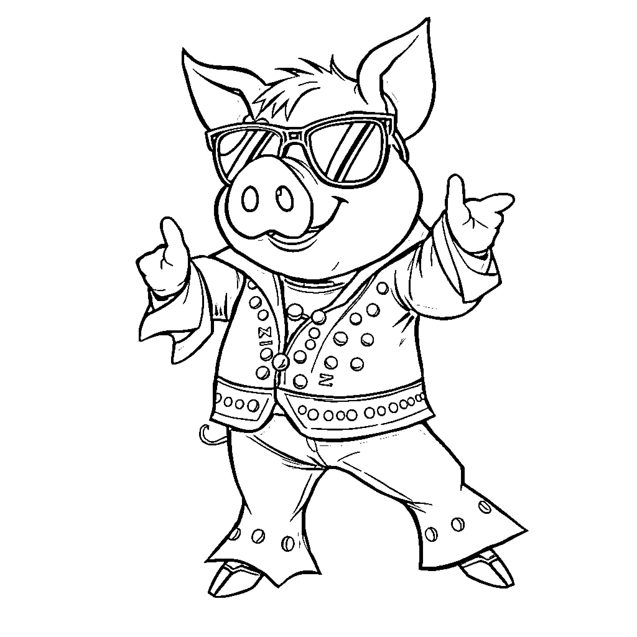 Pig wearing a stylish outfit and sunglasses Coloring Page (free black-and-white line drawing printable PDF for all, from beginners to advanced learners, including children, teens, adults, and seniors)