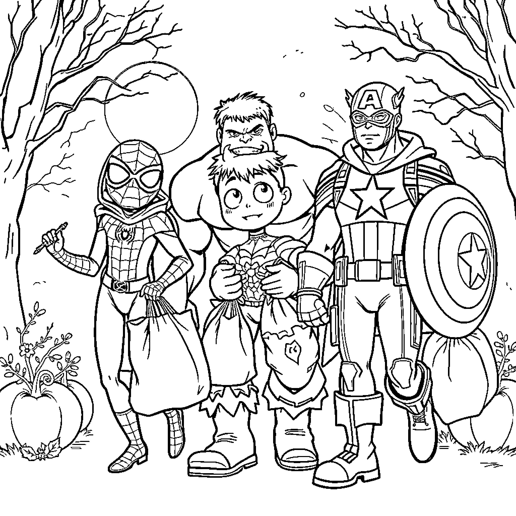 Superhero Friends Explore the Enchanted Forest Coloring Page (free black-and-white line drawing printable PDF for all, from beginners to advanced learners, including children, teens, adults, and seniors)