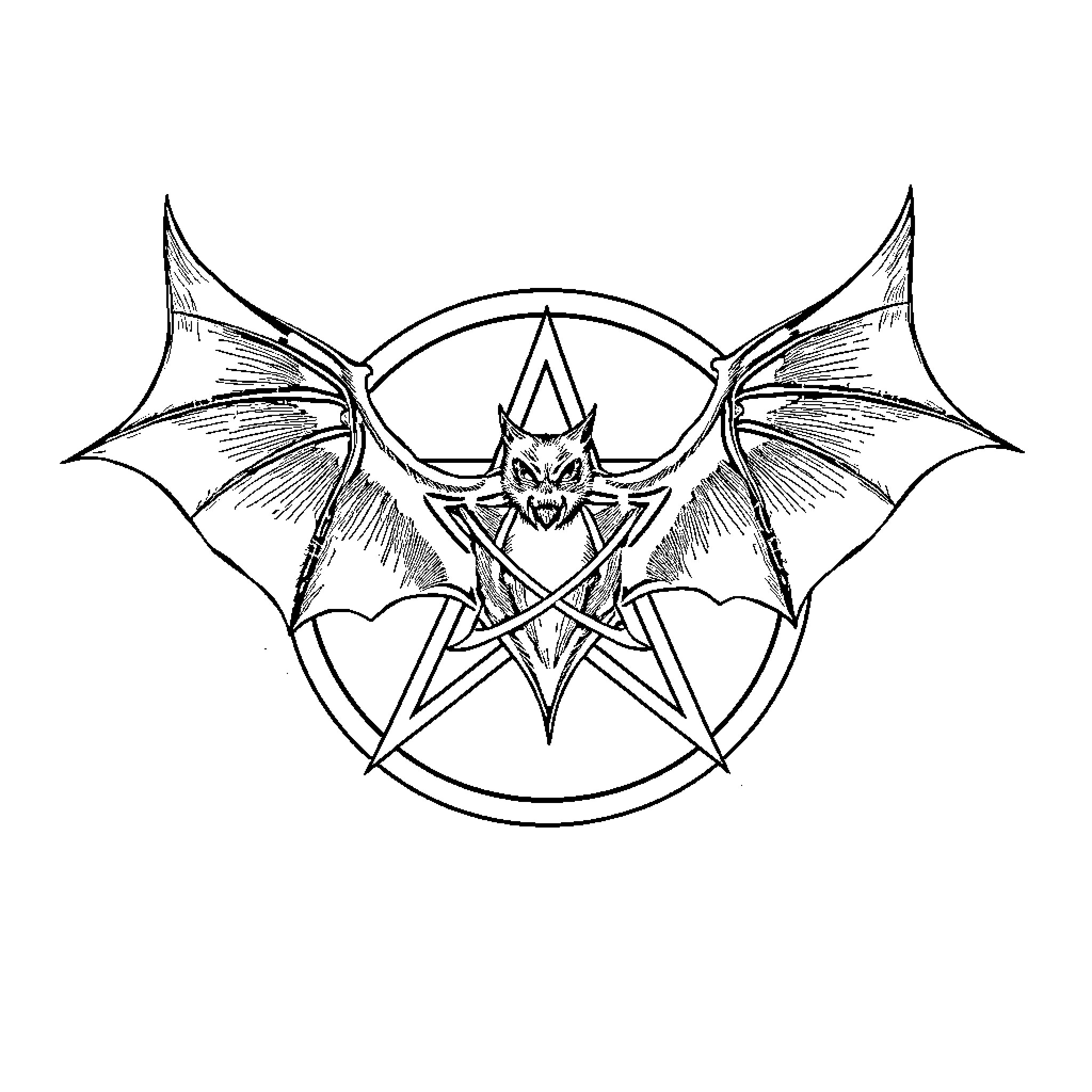 Bat with Pentagram and Wings Coloring Page (free black-and-white line drawing printable PDF for all, from beginners to advanced learners, including children, teens, adults, and seniors)