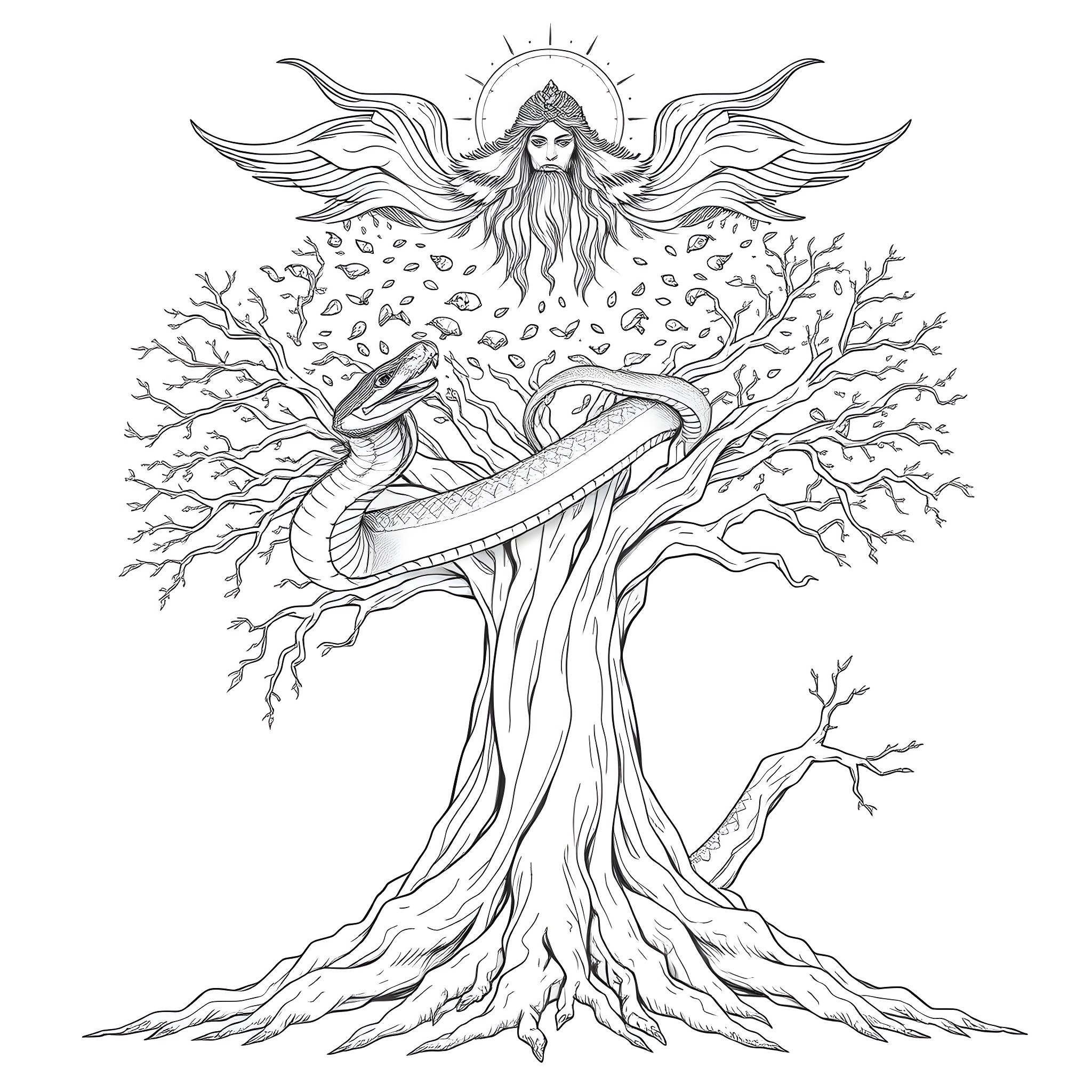Spirit of the Forest Guardian Coloring Page (free black-and-white line drawing printable PDF for all, from beginners to advanced learners, including children, teens, adults, and seniors)