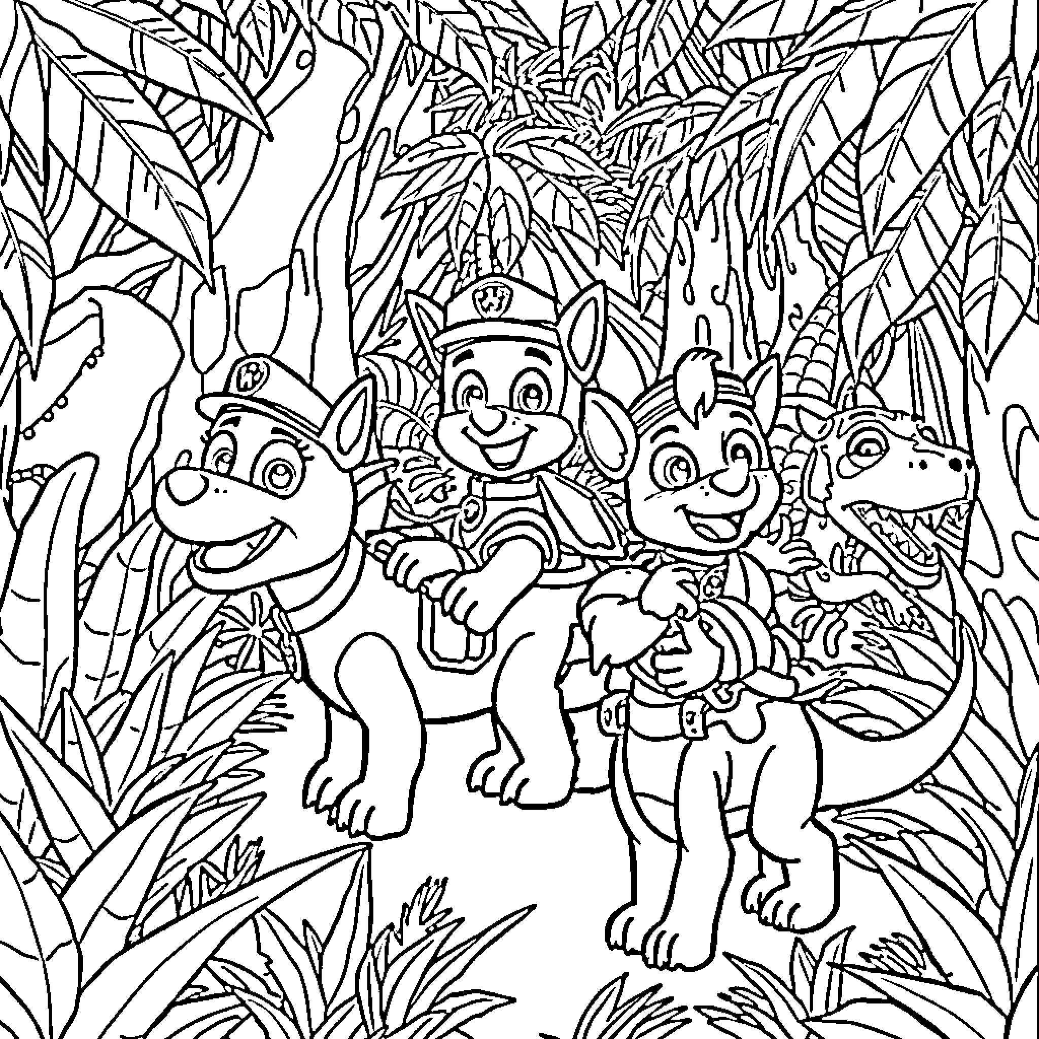 Paw Patrol characters in a tropical jungle scene Coloring Page (free black-and-white line drawing printable PDF for all, from beginners to advanced learners, including children, teens, adults, and seniors)